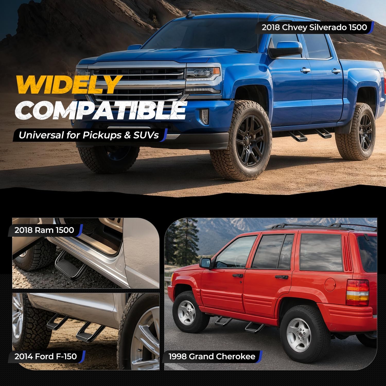 Auto Dynasty 1 Inch Universal Side Step with Mounting Brackets | Aluminum Step Rails Side Hoop Steps for Pickups & Trucks, Black Powder Coated
