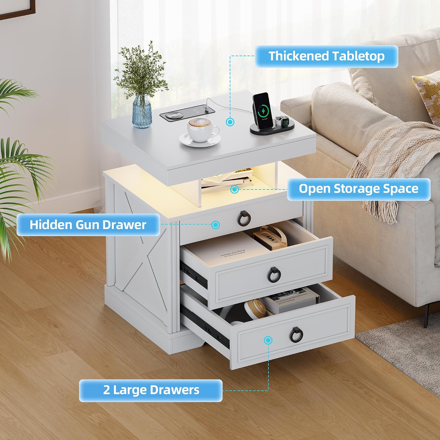 Smart LED Nightstand with Lockable Gun Drawer & Glass Top（Black） | Modern Bedside Table with Charging Station and Hidden Storage, LED Night Stand with 4 Drawers & Motion Sensor for Bedroom