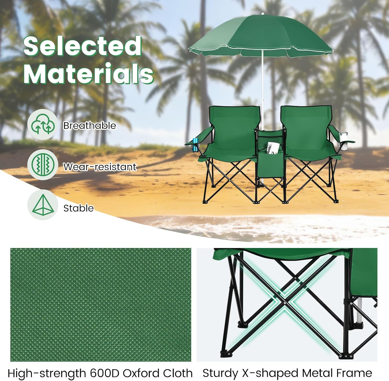 COSTWAY Double Portable Picnic Chairs, Folding Camping Chairs w/Detachable Umbrella, Cooler Bag, Cup Holders, Patio Beach Camping Chairs for Outdoors, Blue | Detachable Umbrella, Cooler Bag, Cup Holders, Patio Beach Camping Chairs for Outdoors, Blue