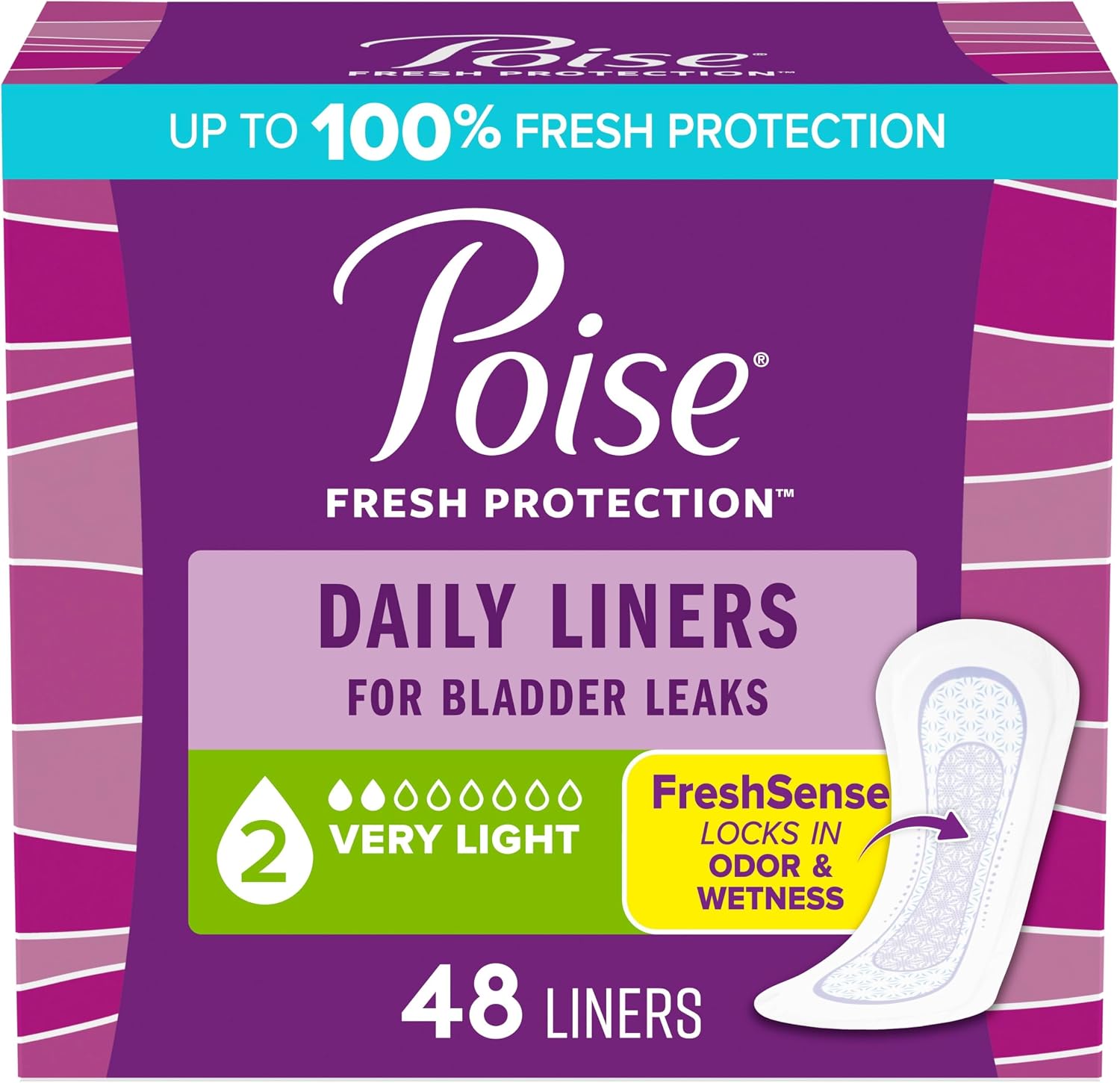 Poise Daily Liners, Incontinence Panty Liners for Bladder Leaks, 2 Drop Very Light Absorbency, Long Length, 264 Count of Pantiliners (6 Packs of 44), Packaging May Vary