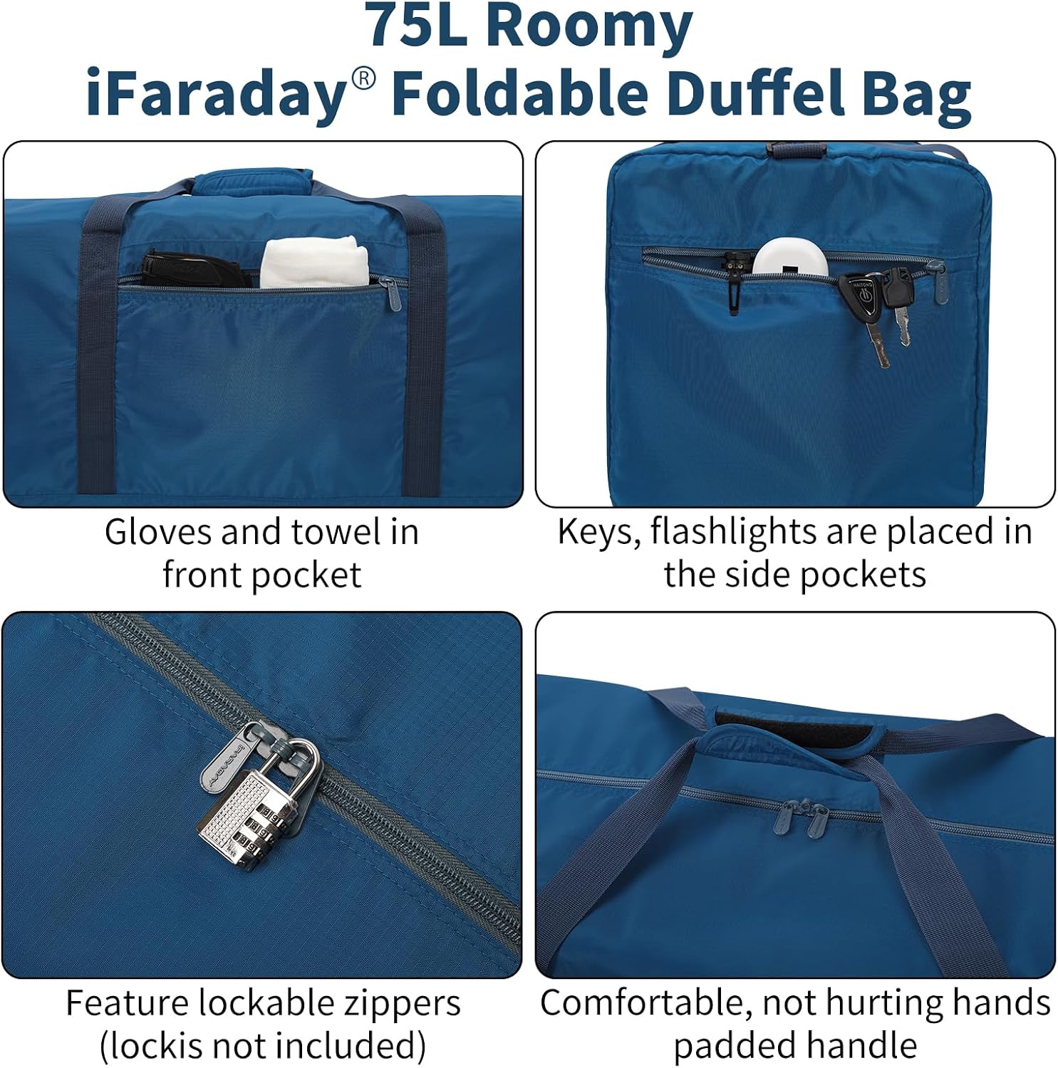 iFARADAY Foldable Duffel Bag Lightweight, 30 inch / 75L, Royal Blue