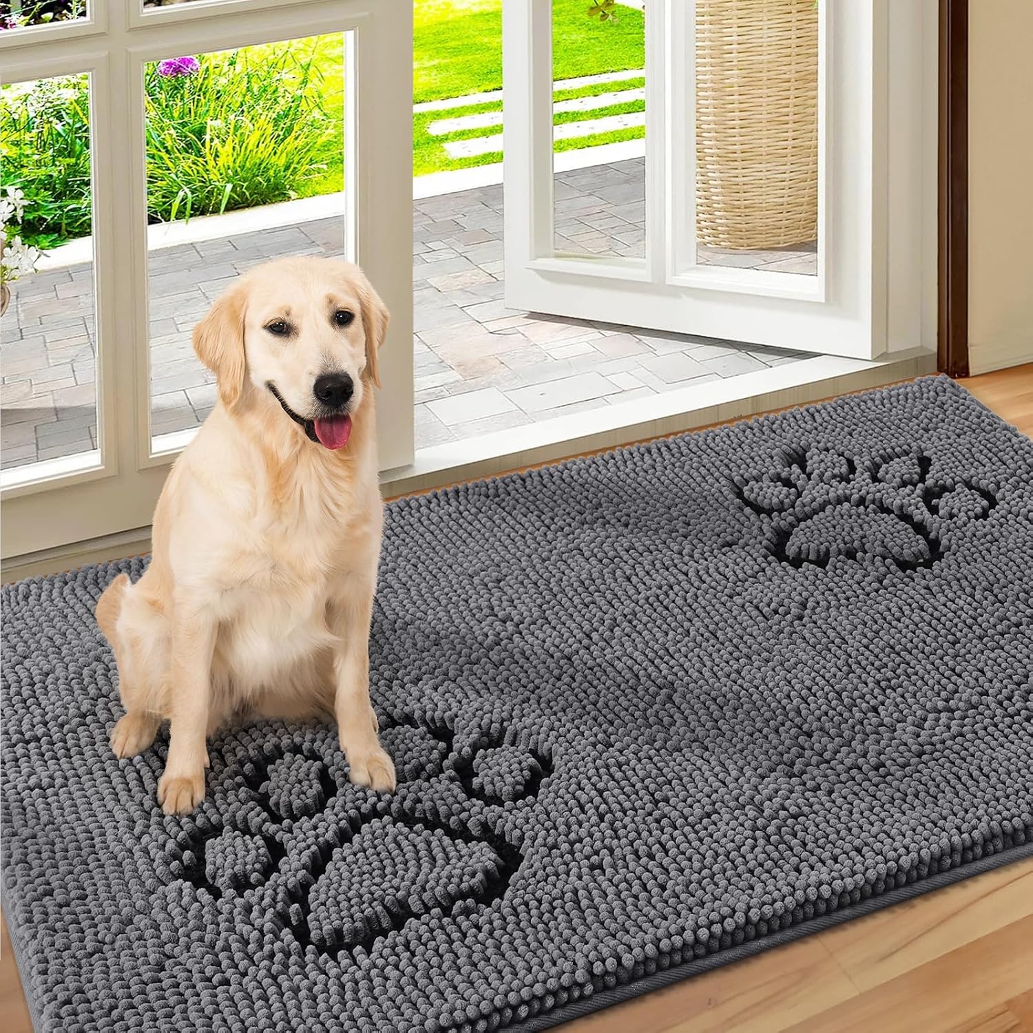 HOMEIDEAS Dog Door Mat for Muddy Paws 30x20, Absorbs Moisture and Dirt, Non-Slip Washable Doormat, Soft Chenille Mud Mat for Dogs