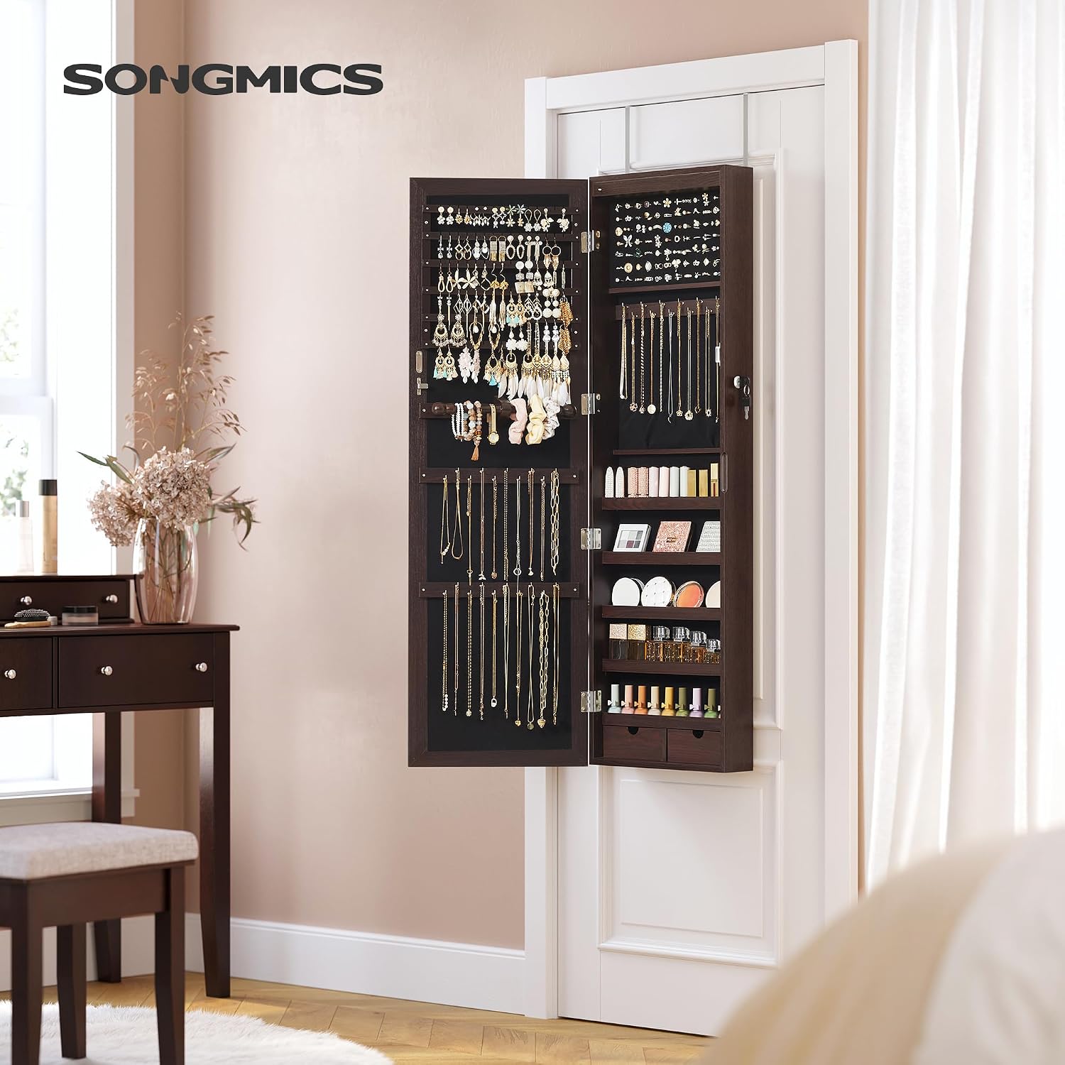 SONGMICS 6 LEDs Mirror Jewelry Cabinet, 47.2-Inch Tall Lockable Wall or Door Mounted Jewelry Armoire Organizer with Mirror, 2 Drawers, 3.9 x 14.6 x 47.2 Inches, White UJJC93W