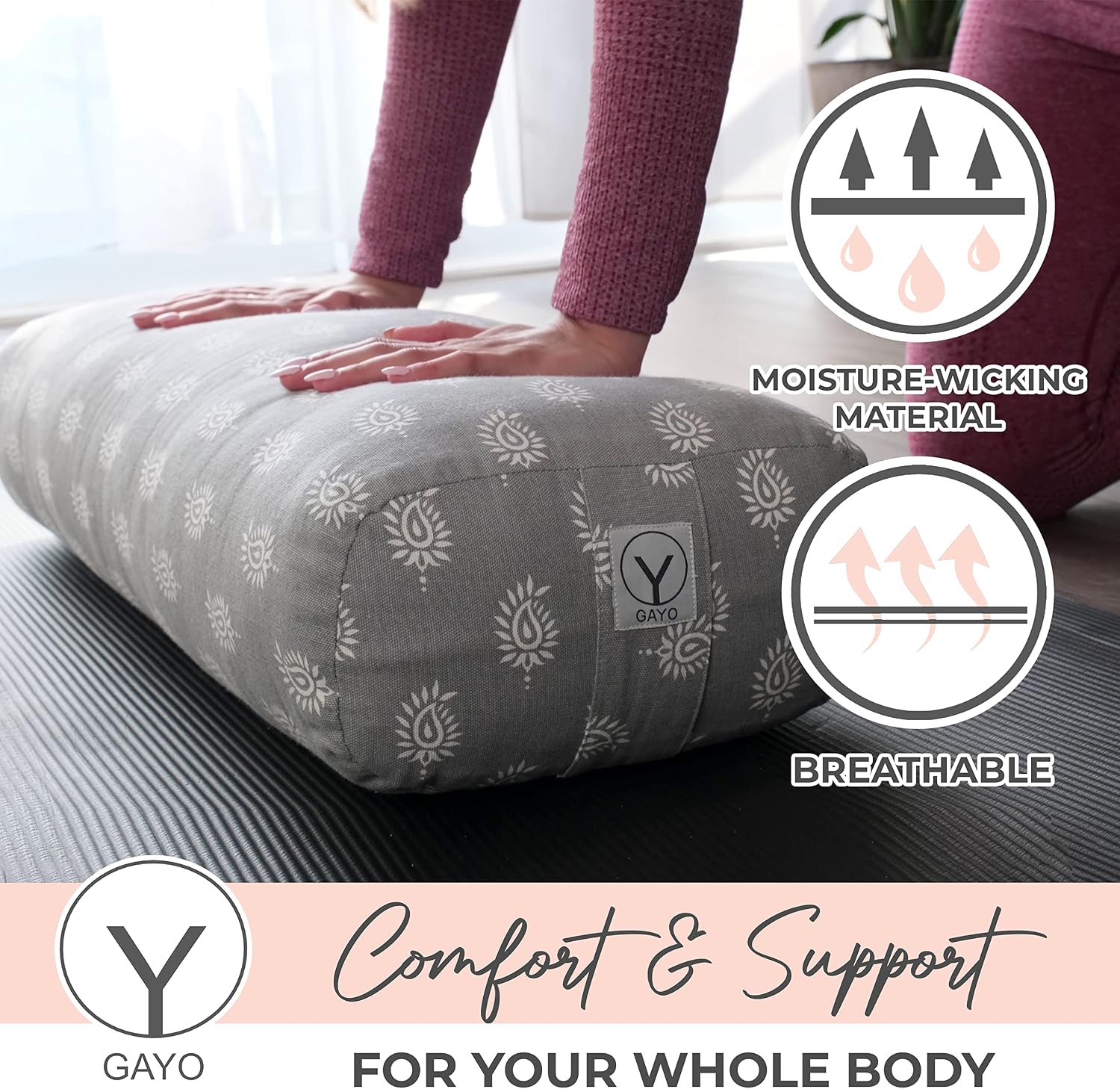 Y O GAYO Yoga Bolster - Made with 100% Cotton, Yoga Pillow Set Includes Extra Washable Cover and Carry Bag
