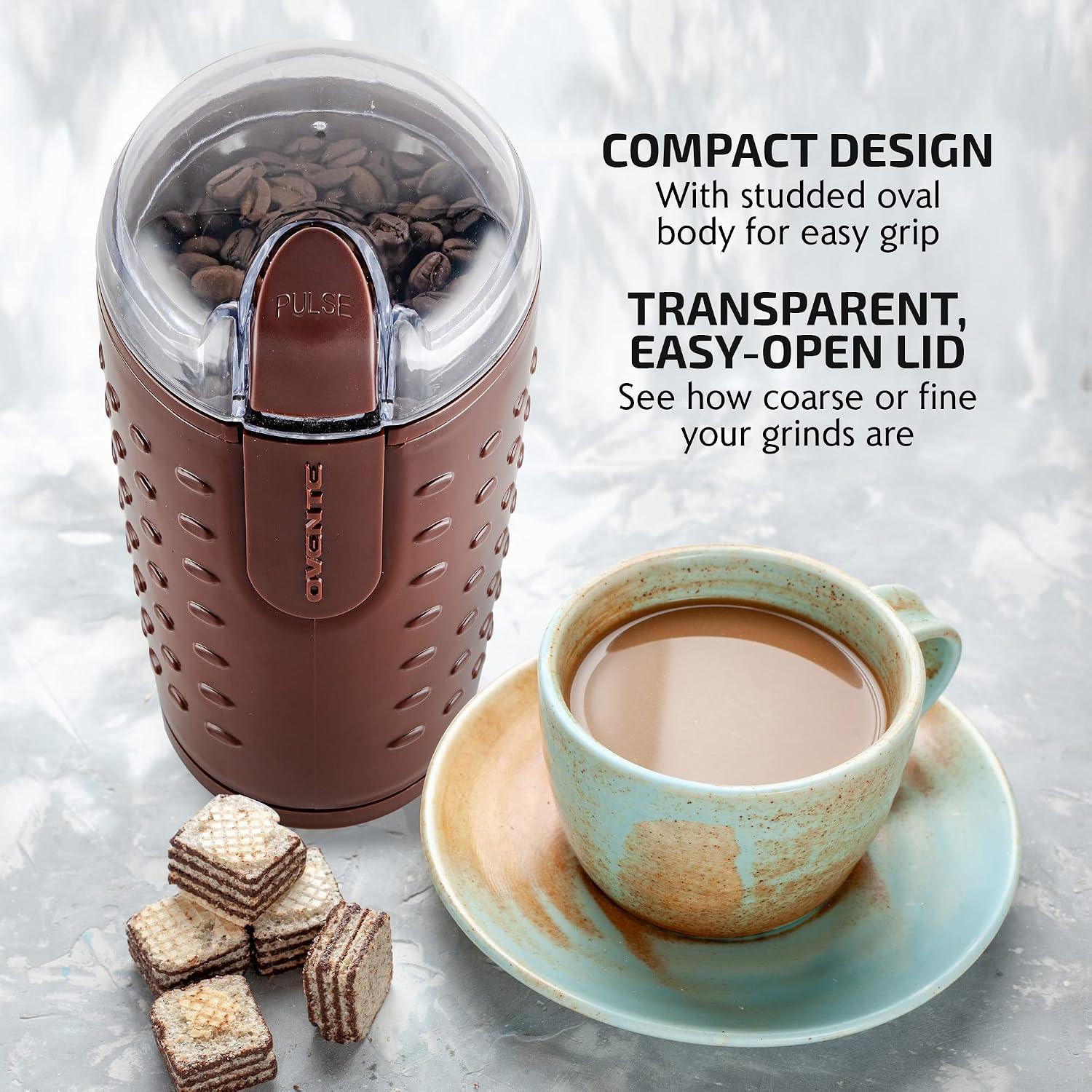OVENTE Electric Coffee Grinder with One Touch Push-Button, White CG225W | 2.5oz Capacity, 150W Motor, Stainless Steel Blades for Uniform Grinding of Beans, Spices, Herb, Nuts & More, Safety Lock Lid