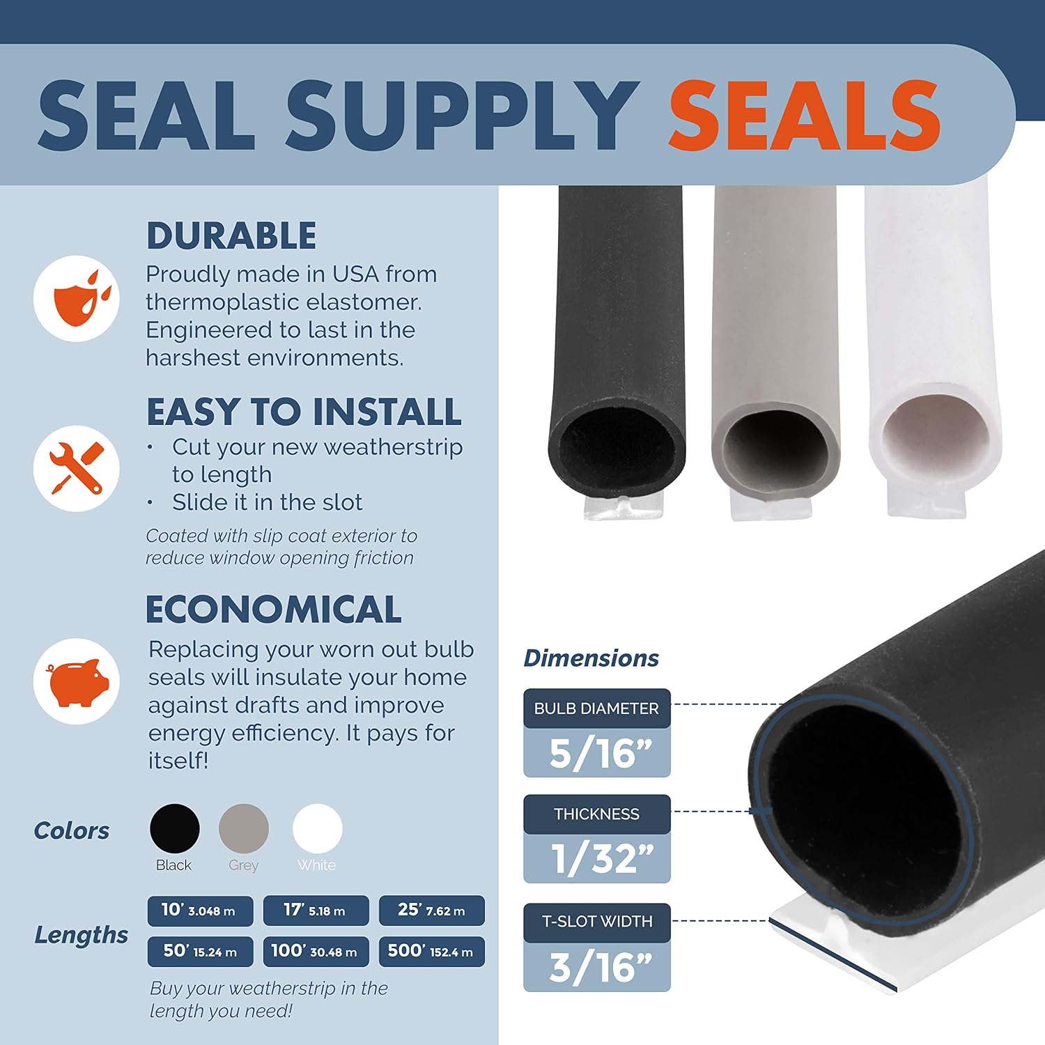 T-Slot Mount Window Weatherstrip Seal 5/16" Bulb Bubble for 3/16" Slot Receptacle 3 Colors & 5 Length Options (25', White)