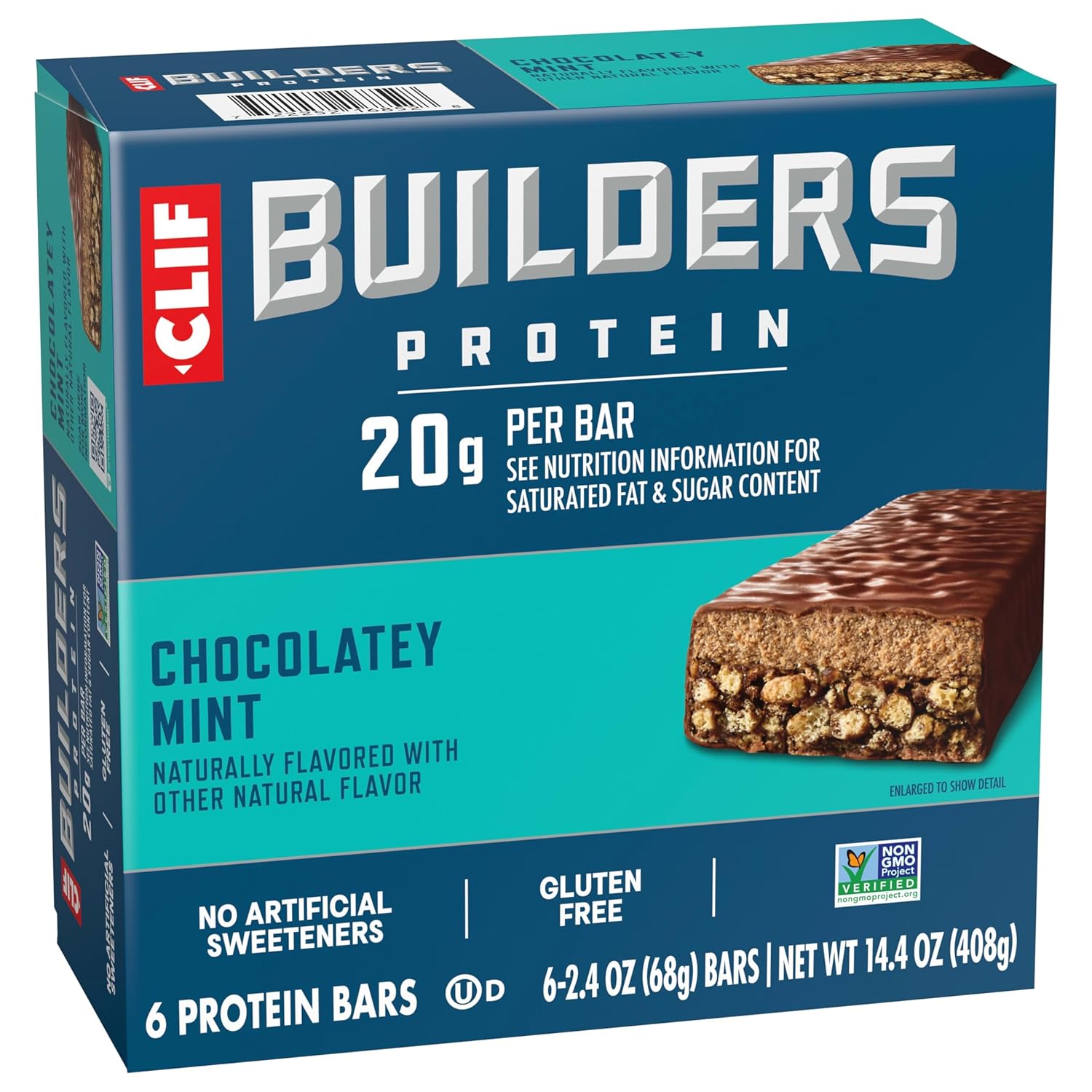 CLIF BUILDERS Protein Bars - Chocolate Mint Flavor - 20g Plant Based Protein - Gluten Free - Non-GMO - Low Glycemic - No Artificial Sweeteners - 2.4