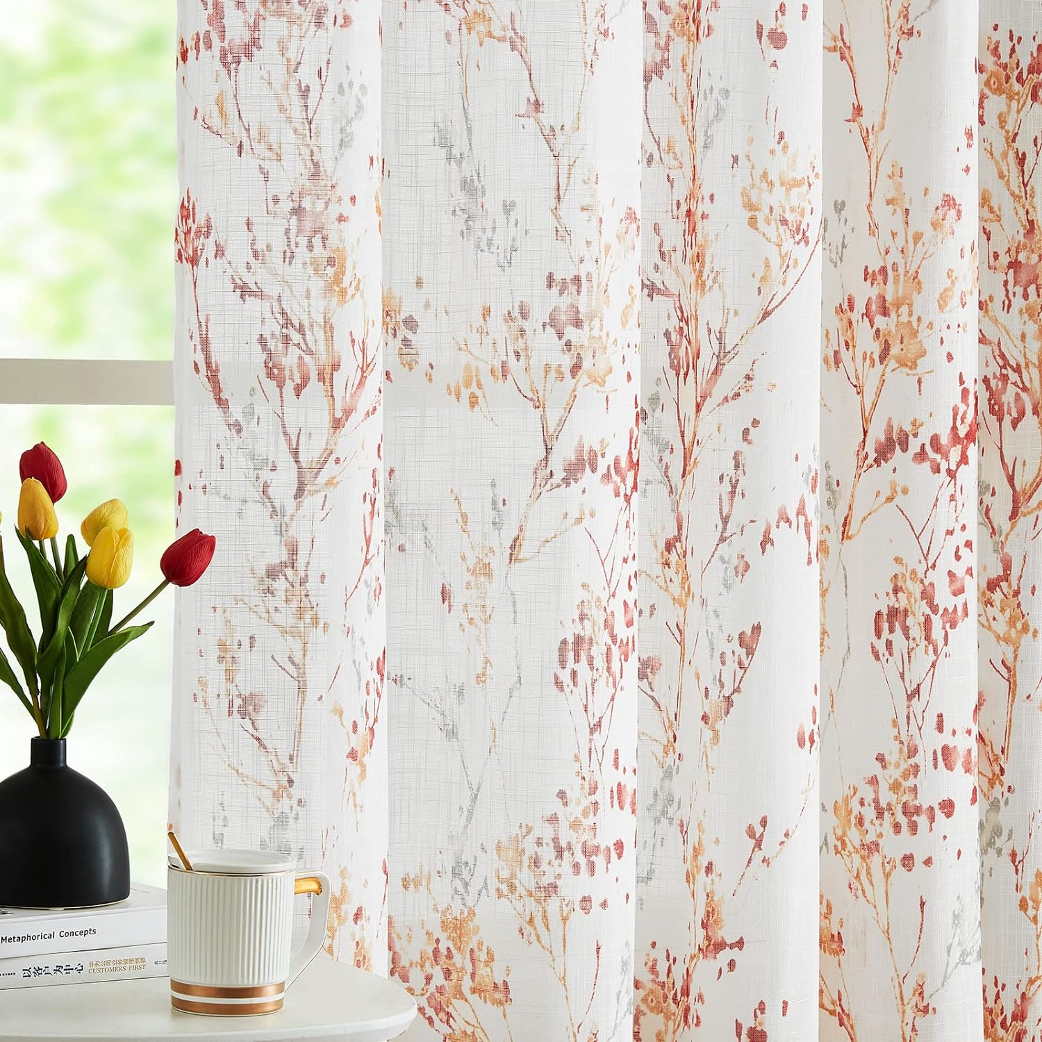 Leaf Semi Sheer Curtains for Bedroom Living Room 52x72" Taupe White Print 2