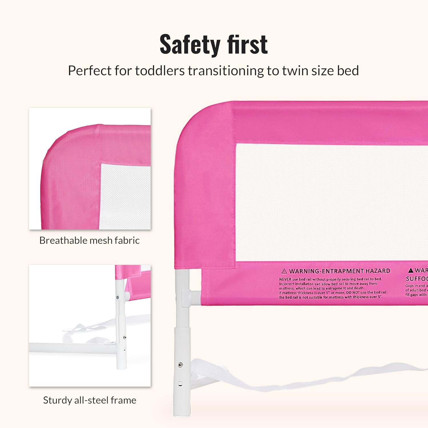 Dream On Me Mesh Security Bed Rail – Toddler Safety Guard with breathable mesh, reinforced anchor system, lightweight, portable, fits adult twin-size beds, Pink