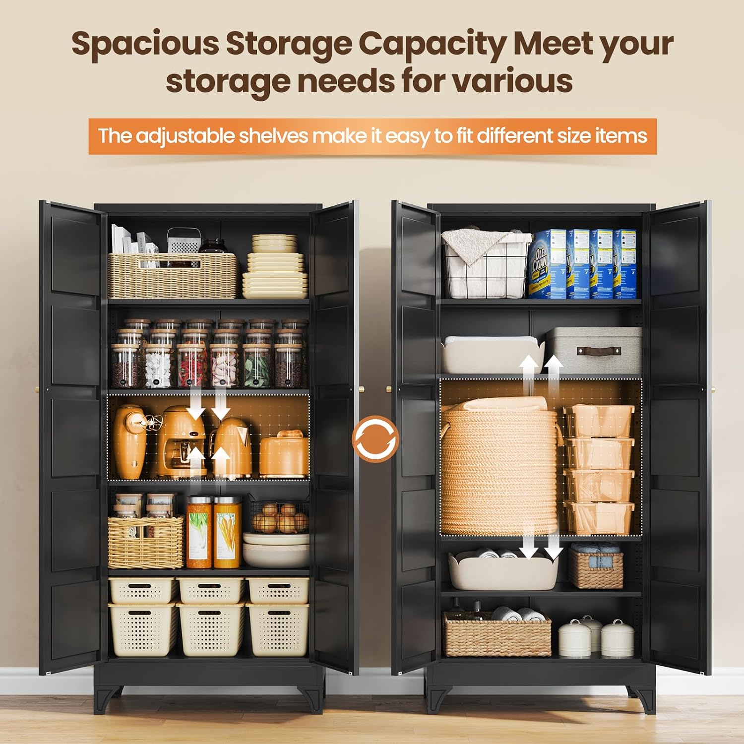 Metal Storage Cabinet with 2 Doors and 4 Adjustable Shelves - 61" White Kitchen Pantry Storage 5-Tier Tall Steel Cabinets Locker for Kitchen, Living Room, Dining Room