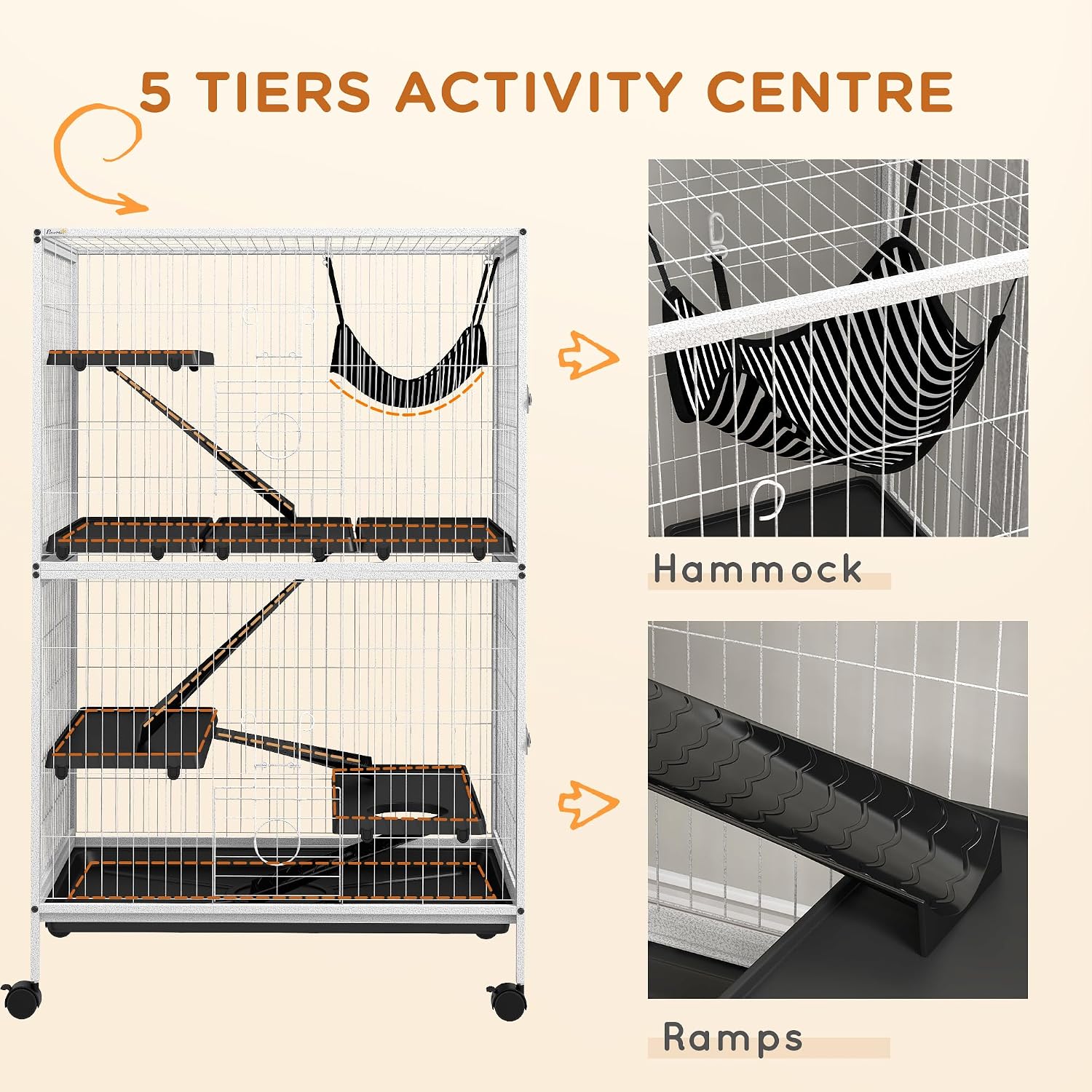 PawHut Metal Small Animal Cage, 4-Tiers Rolling Big Ferret Cage, Gray