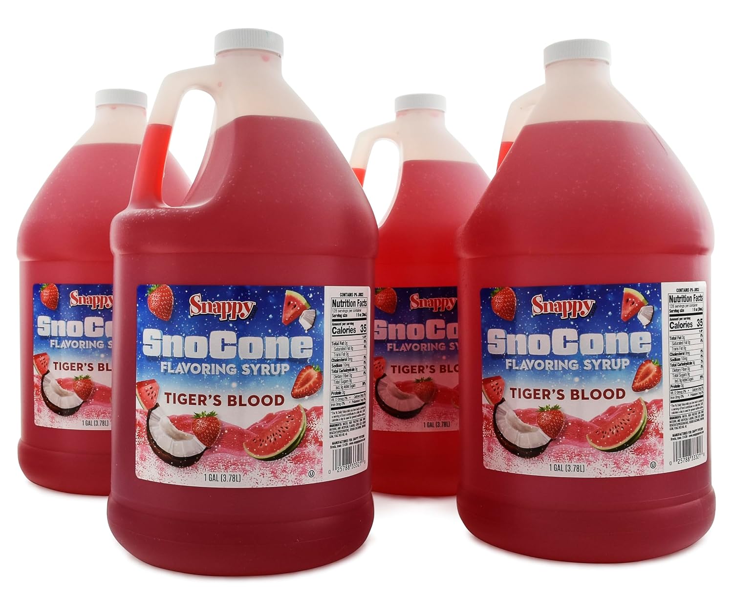 Snappy Tigers Blood Sno Cone Syrup, 1 Gallon 4 Pack, Ready to Use for Snow Cone Machines and Shaved Ice