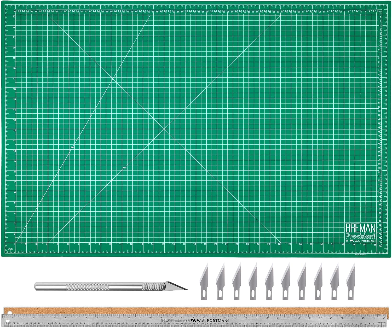WA Portman Self-Healing Cutting Mat, Crafting Knife, 36'' Metal Ruler Set | This set includes 24x36 Inch Sewing Cutting Mat, 10pc #11 Blades, Exacto Knife Set, & 36 Inch Cork Backed Metal Ruler Set