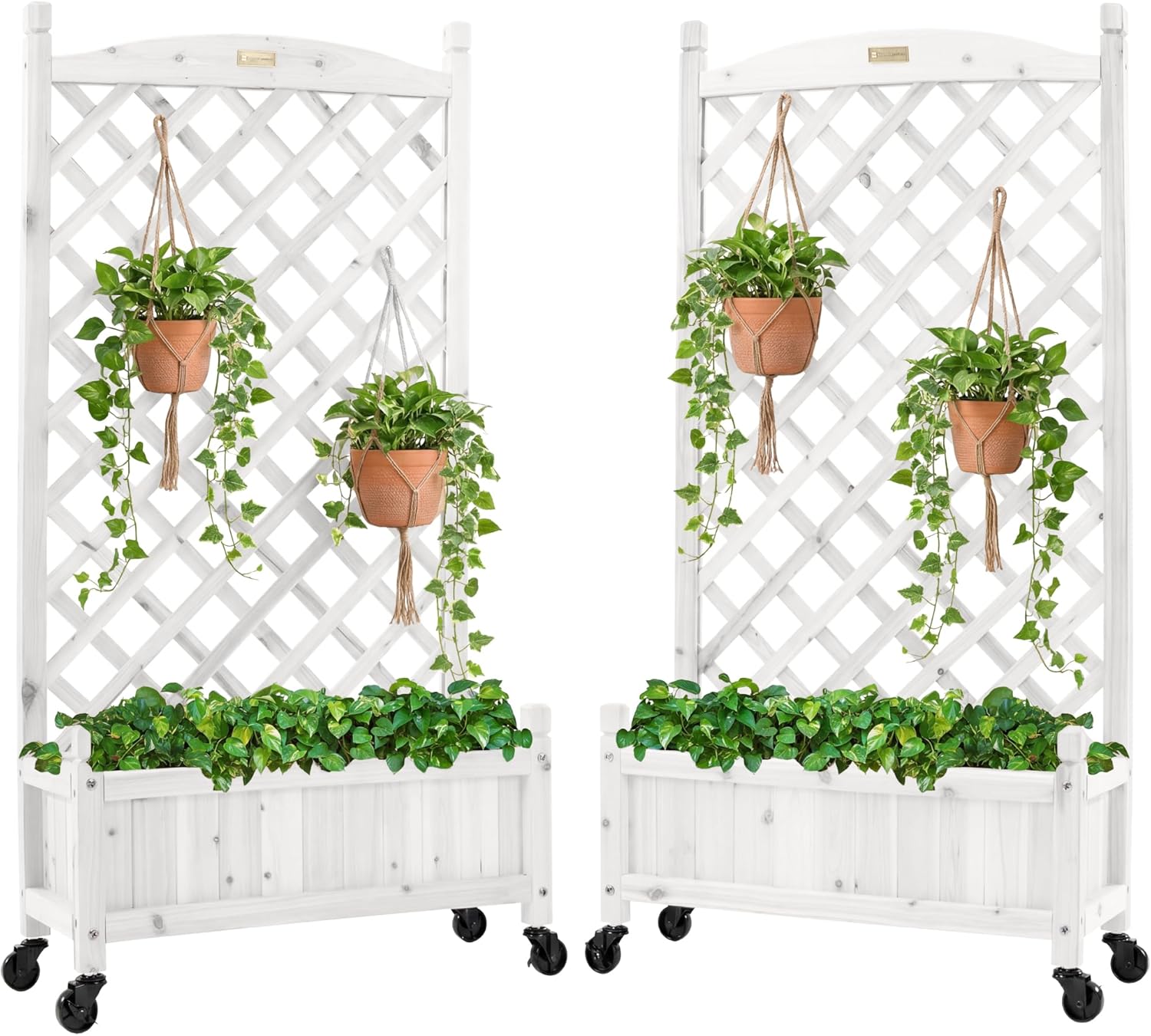 Best Choice Products Set of 2 48in Wood Planter Box & Diamond Lattice Trellis, Mobile Outdoor Raised Garden Bed for Climbing Plants w/Drainage Holes