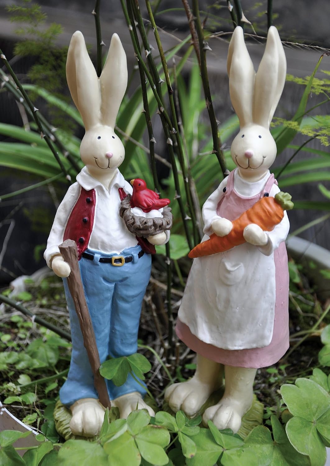 Easter Bunny Decorations Couple Rabbit Holding Bird Chutes and Carrot, Hand-Painted Crafts Statue