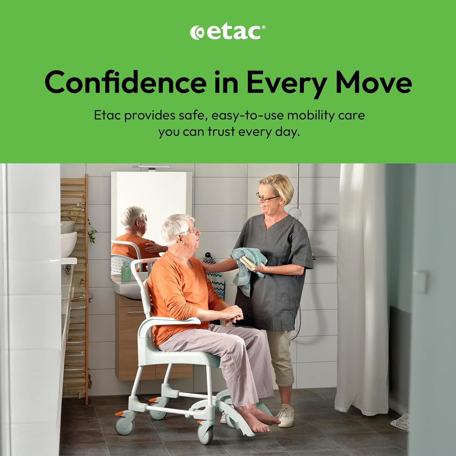 Etac Clean 24" Self-Propelled Shower Chair with Wheels - 21 3/4 Inch Fixed Height with 24 Inch Rear Wheels - Shower Wheelchair for Elderly and Disabled - Movable Armrest & Ergonomic Footrest