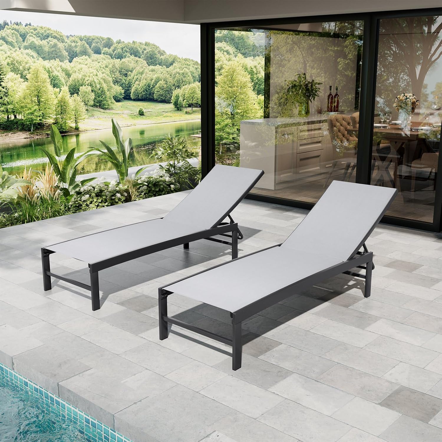 Crestlive Products Outdoor Pool Lounge Chairs Set of 2 with Side Table, Adjustable Five-Position Recliner for Beach, Pool, Sunbathing, Lawn