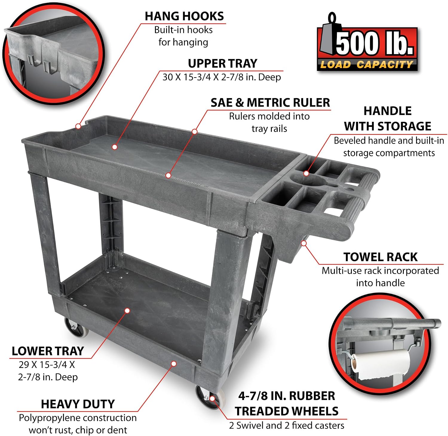 Performance Tool W54004 Two-Shelf Utility Cart with Locking Drawer | Red rolling tiered storage cart with wheels. 350 lb load capacity. Swivel casters. 28x16 inch deep shelves