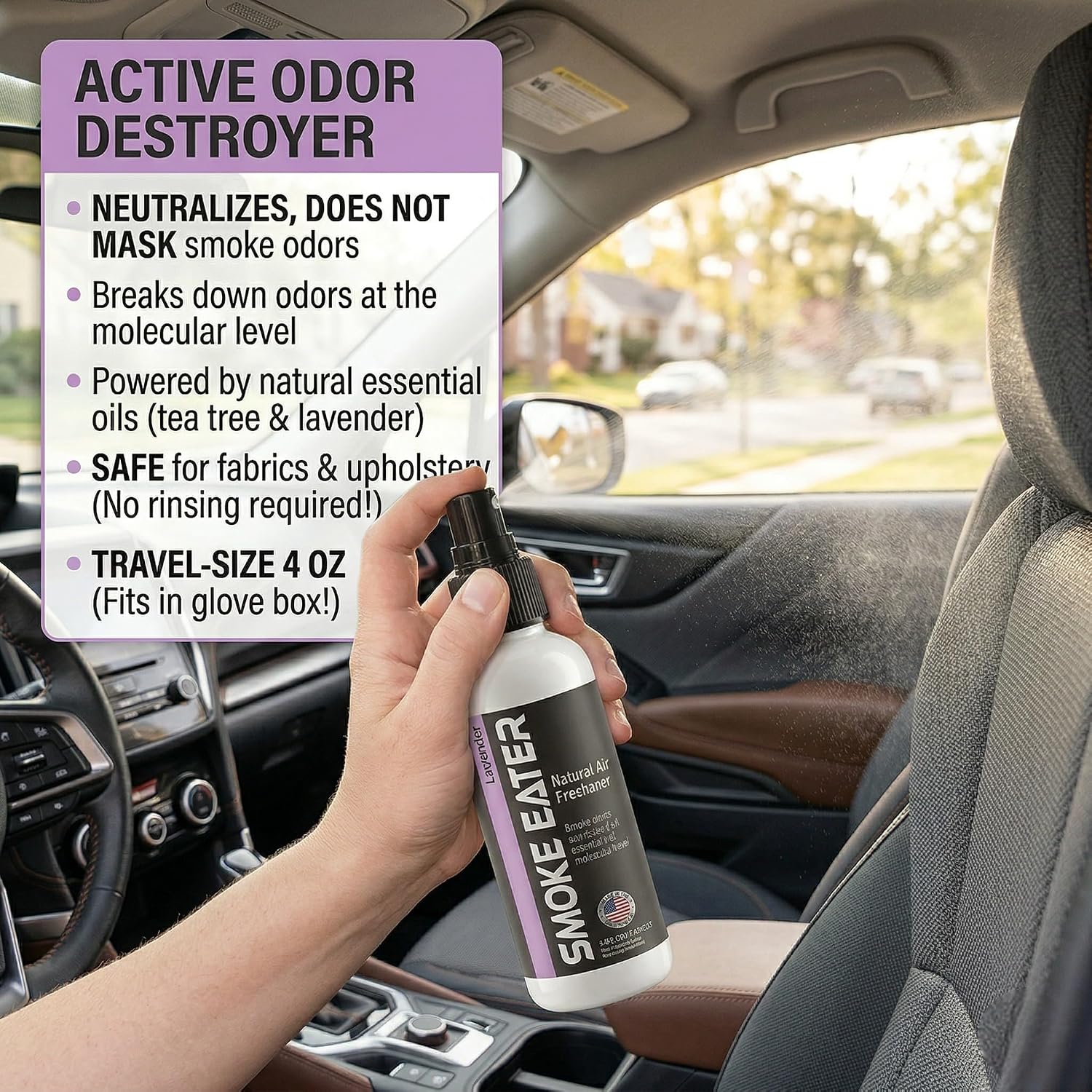 Smoke Eater Odor Eliminator Spray & Air Freshener, Lavender, 4 oz | Cigarette, Cigar, Cannabis & Tobacco, For Car, Home, Clothes, Travel Size, Tea Tree Oil Formula, Non-Aerosol Pump Spray