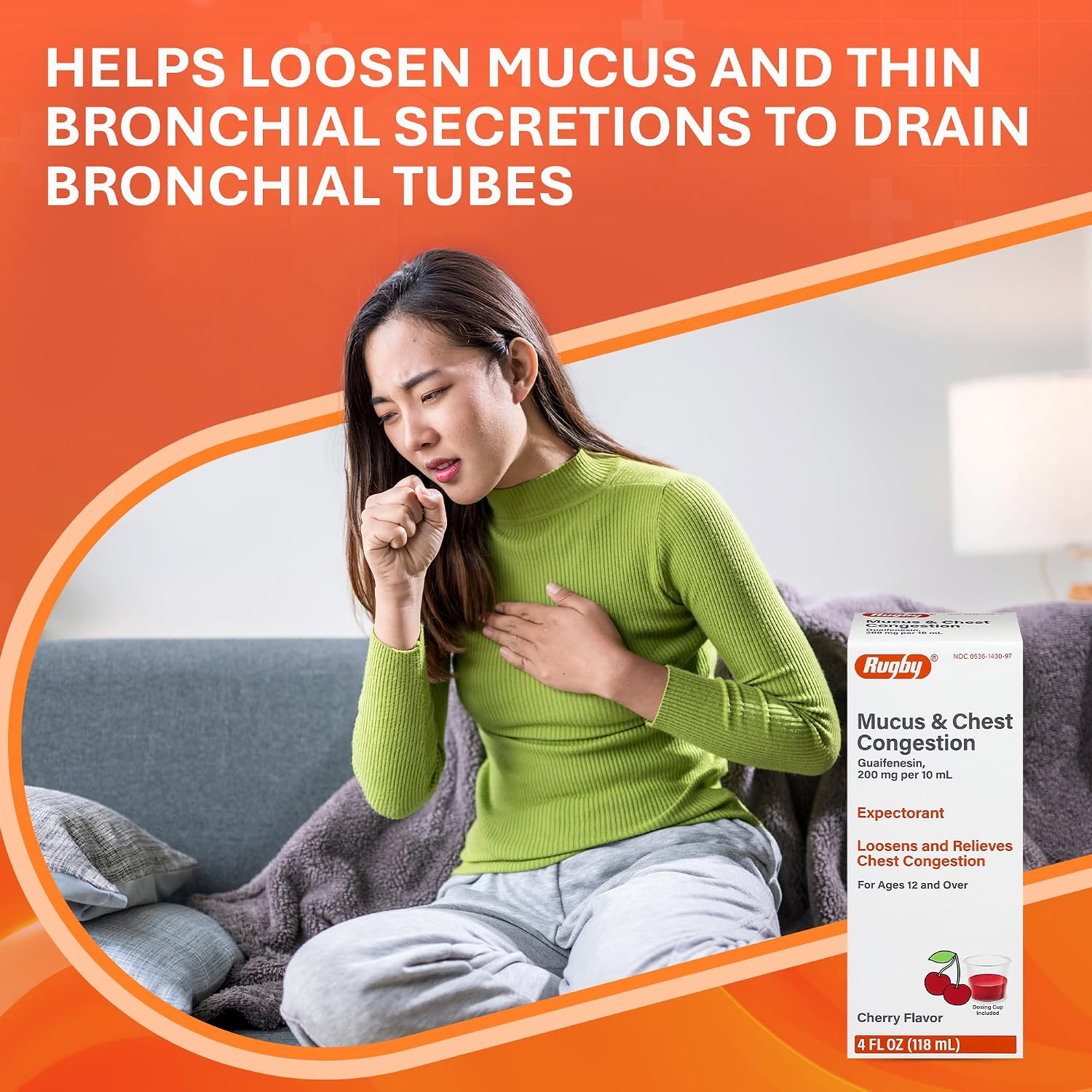 Rugby Mucus & Chest Congestion Guaifenesin 200 mg, 4 Fl Oz (1-Pack) | Cherry Flavor, Expectorant Cough Syrup, Loosens and Relieves Chest Congestion