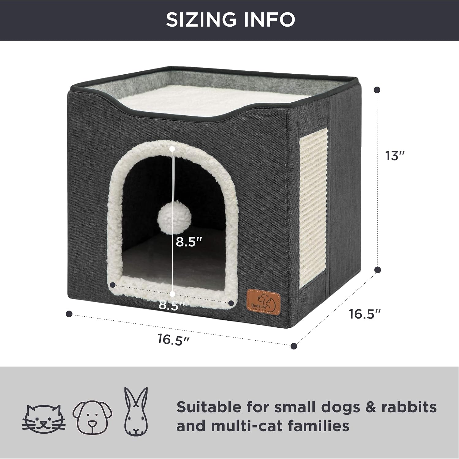 Bedsure Cat House Bed for Indoor Cats with Fluffy Ball and Scratch Pad,Grey