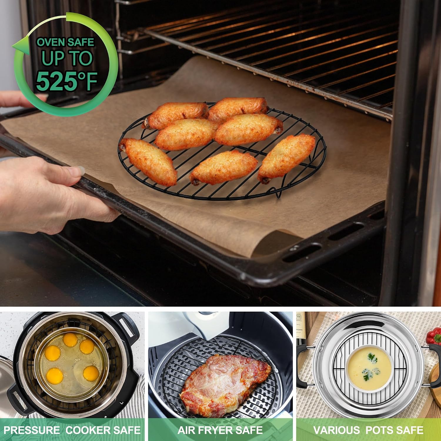 P&P CHEF 9 Inch Cooking Rack Round for Steaming Cooling, Silver, 2 Pack