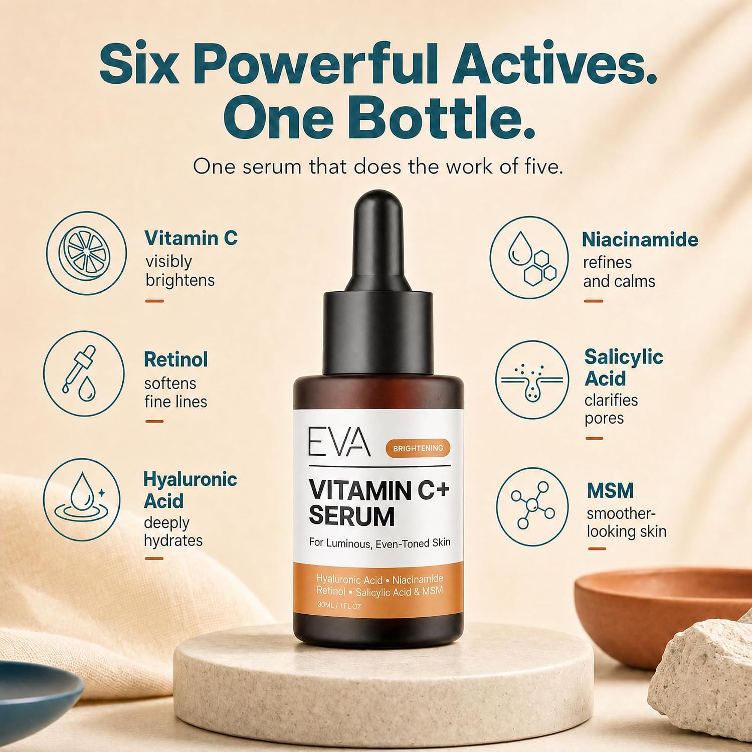Eva Naturals Vitamin C Serum, Retinol, Niacinamide & Salicylic Acid, 1 oz | Hyaluronic acid, dark spots, brightening, dark spot remover & corrector, anti-aging