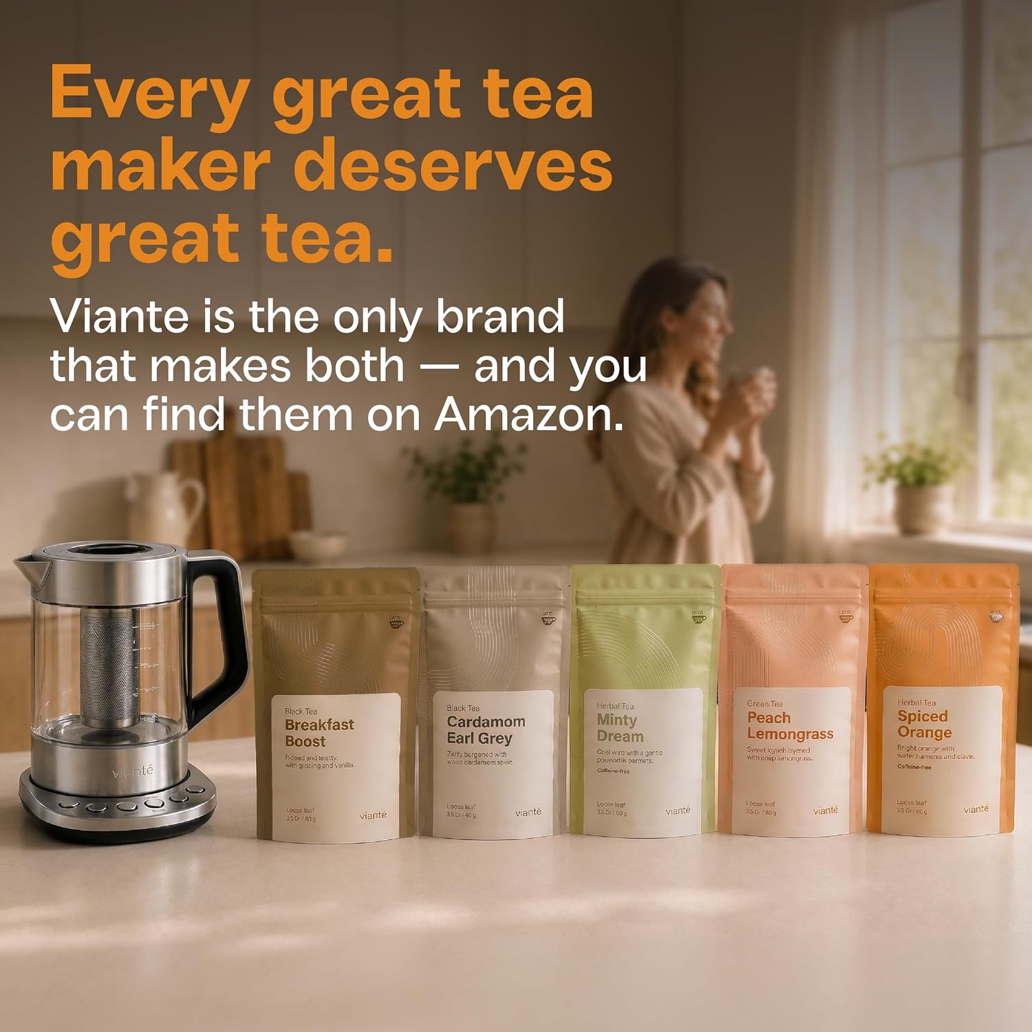 Viante Alba Electric Tea Kettle With Infuser, No Plastic, 1.5L