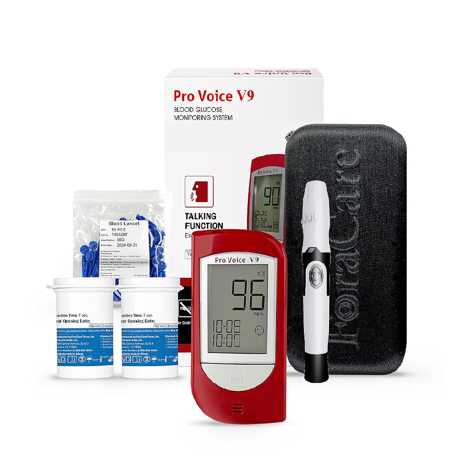 FORA Pro Voice V9 Diabetes Testing Kit for Accurate and Easy Monitoring Your Blood Glucose with Talking Glucometer, 1 Meter, 100 Test Strips