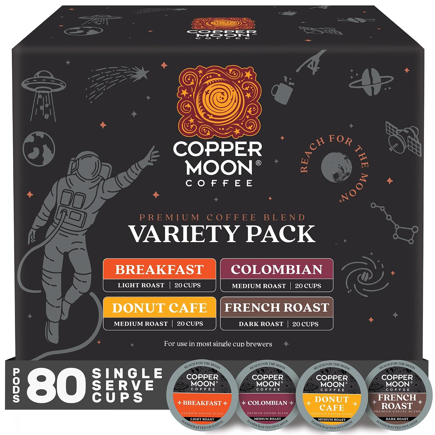Copper Moon K-Cup Coffee Pods, Medium Roast, Costa Rican Blend, 80 Count | Single Serve, Vegan, Allergen Free, Non-GMO, Kosher, Small Batch Roasted, Vegetarian, Compatible with Keurig K Cup Brewers
