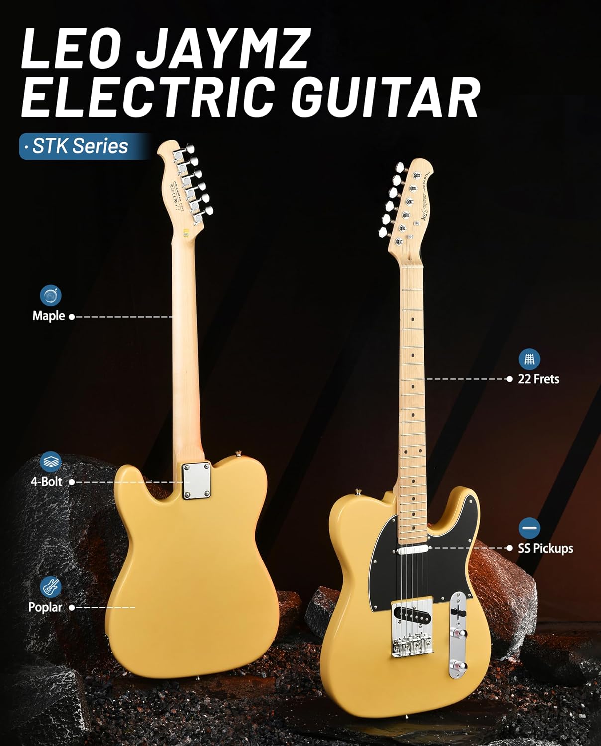 Leo Jaymz Beginner Electric Guitar Complete Kit with Portable Amp, Padded Gig Bag & Full Accessories, Maple Neck (TL-White)