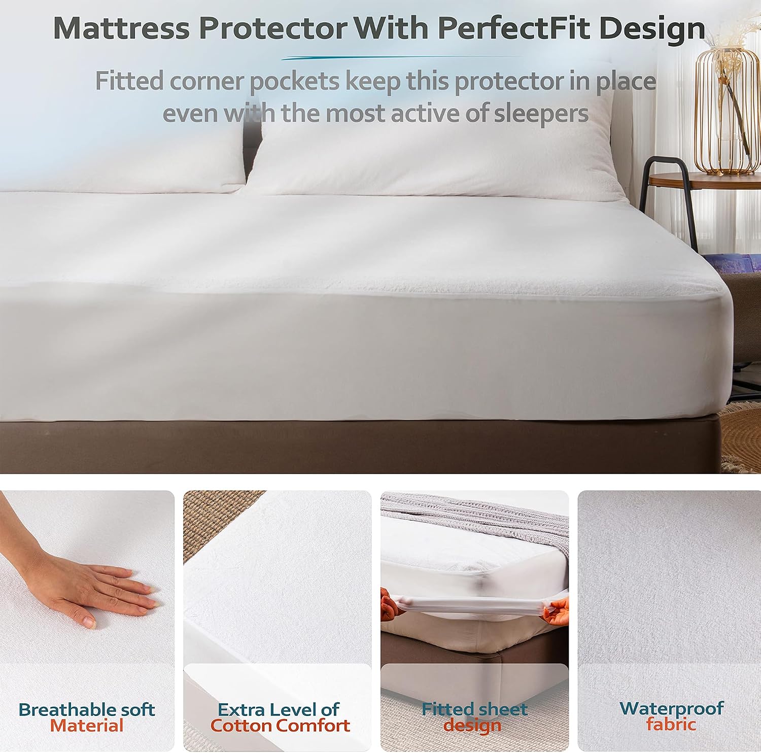 PlushDeluxe Waterproof King Mattress Protector, Terry Cotton | Fitted Sheet Bed Cover, Deep Stretchable Pockets, 76"x80"x18", Noiseless, Breathable, Hypoallergenic, Mite Proof, Washable