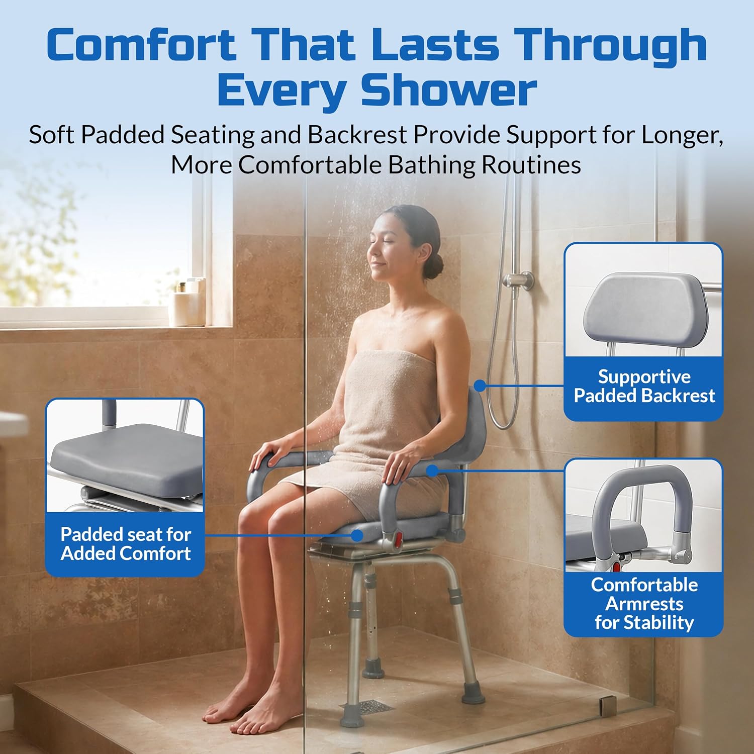 Swival Shower Chair with Padded seat for Inside ShowerFor Senior, Bath Seat | Sit Securely While Bathing - Blue, padded seat, padded armrests, swivel seat, tool-free assembly, 600 lb
