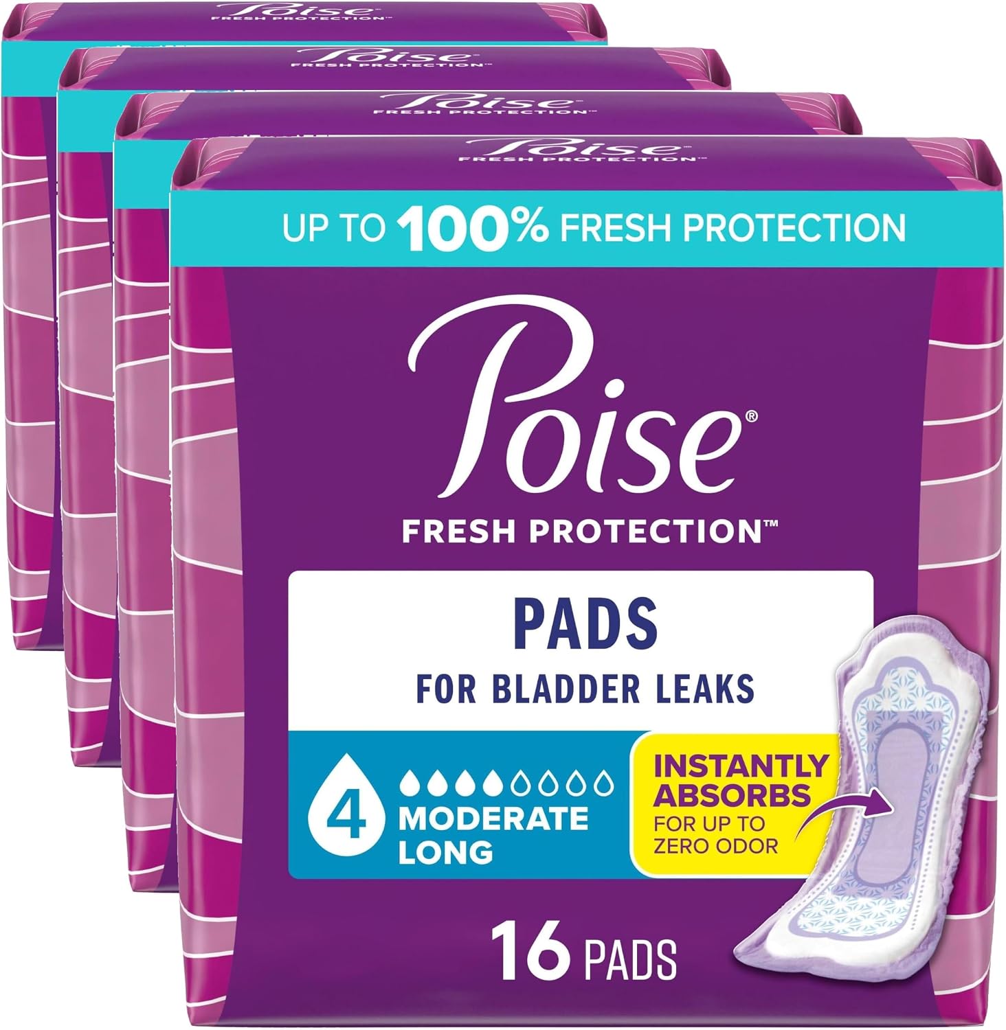 Poise Incontinence & Postpartum Pads for Bladder Leaks, 4 Drop Moderate Absorbency, Regular Length, 20 Count, Packaging May Vary
