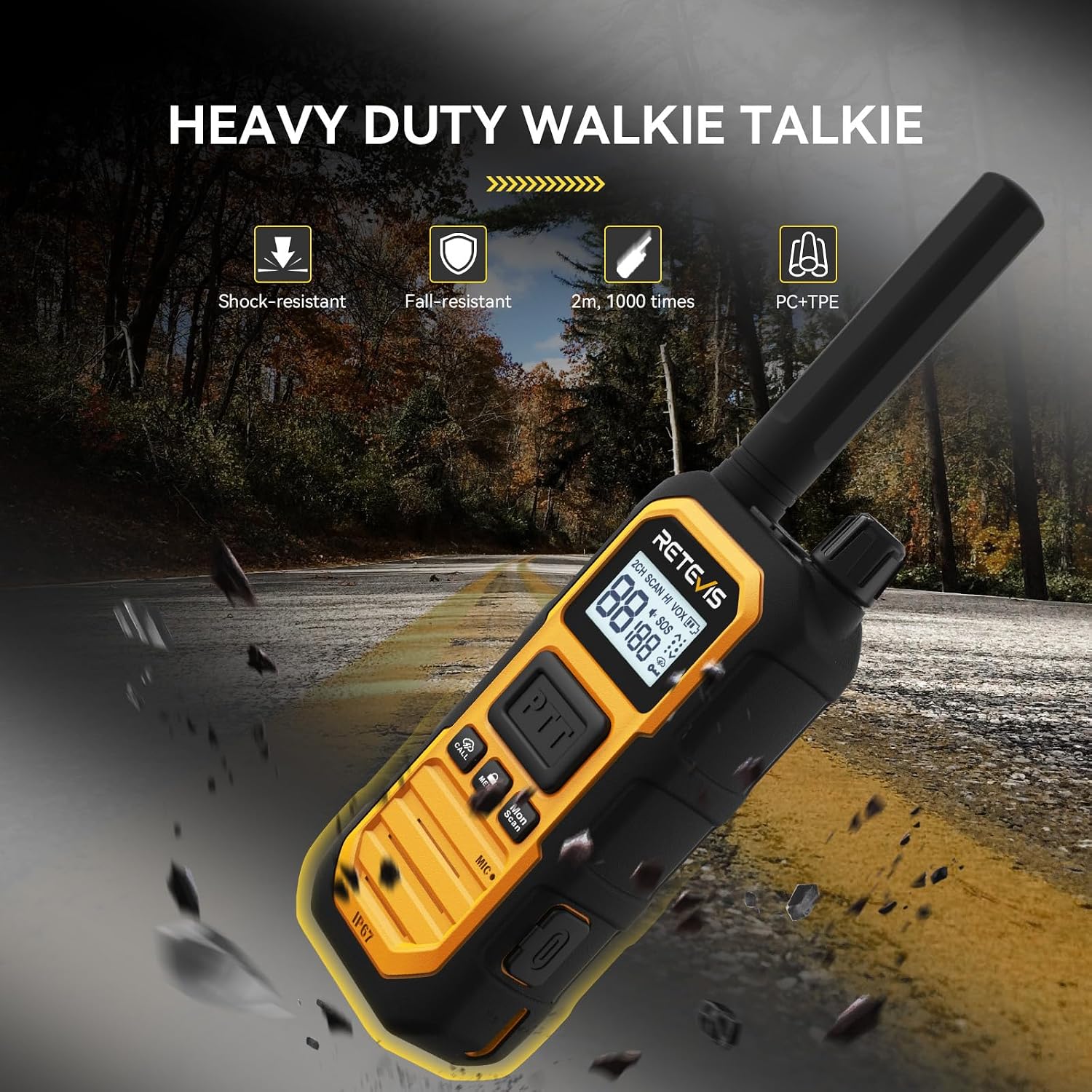 Retevis RB48PLUS GMRS Walkie Talkies Long Range,IP67 Waterproof 2 Way Radio | Repeater Capable, Dual PTT, Vibration Alert, NOAA, SOS, for Hurricane Preparedness, Emergency Communication, Outdoor, 2 Pack