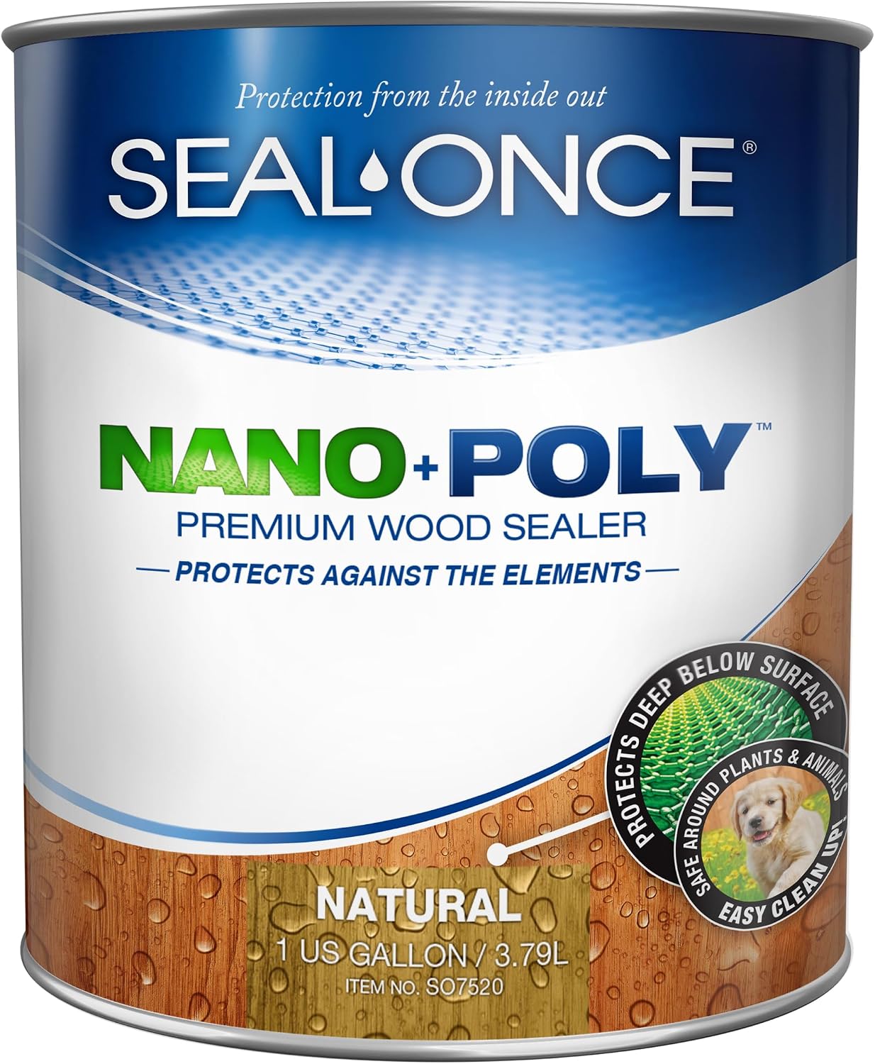 Seal-Once Nano+Poly Wood Sealer and Waterproofer, Clear, 1 Gallon | With Polyurethane, Water-based, Low-VOC, Waterproofer & Stain, For Decks, Fences & Log Homes
