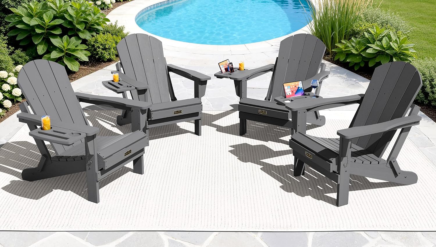 SERWALL Folding Adirondack Chairs with Cup Holder, Outdoor Fire Pit - Blue