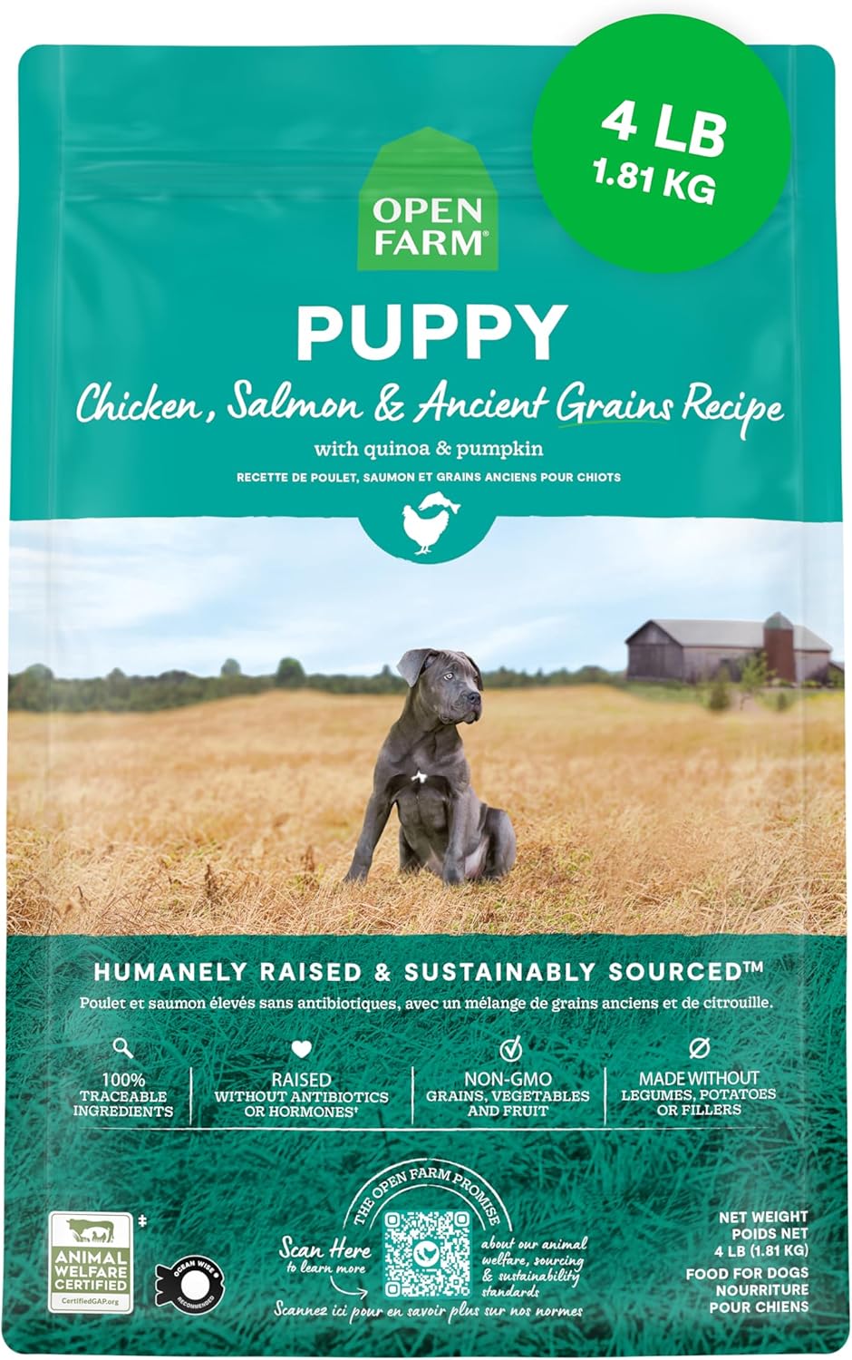 Open Farm Ancient Grains Dry Puppy Food, Chicken & Salmon Kibble, 4lb Bag