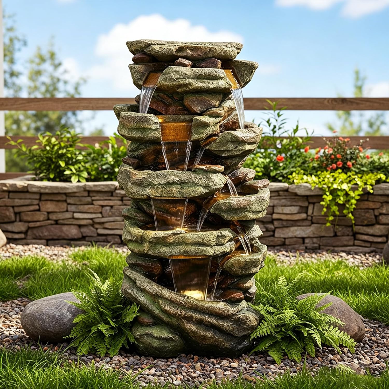 SunJet 40.5” High Rocks Outdoor Water Fountain - 6-Tiers Cascading Waterfall with LED Lights, Soothing Tranquility for Home Garden, Yard Decor