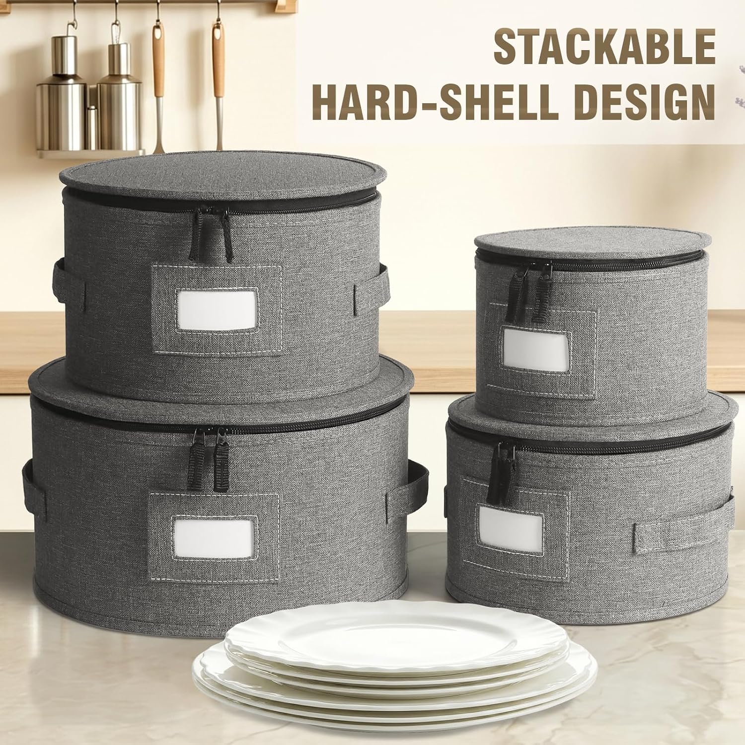 4PCS China Storage Containers, Hard Shell Dish Storage Containers w/ Felt Dividers, Quilted Plate Storage Cases for 12 Place Setting Charger Plates Dinnerware, Stackable Moving Boxes for Dishes