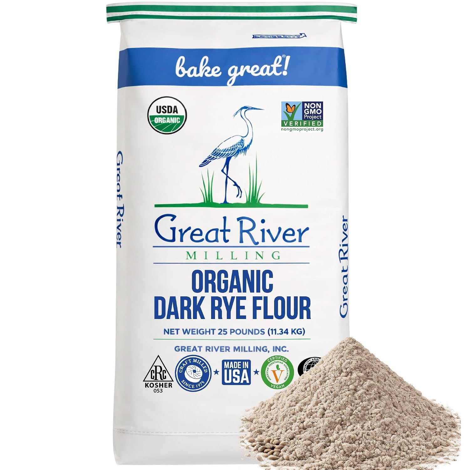 Great River Milling Organic Dark Rye Flour, Whole Grain, 25 lb