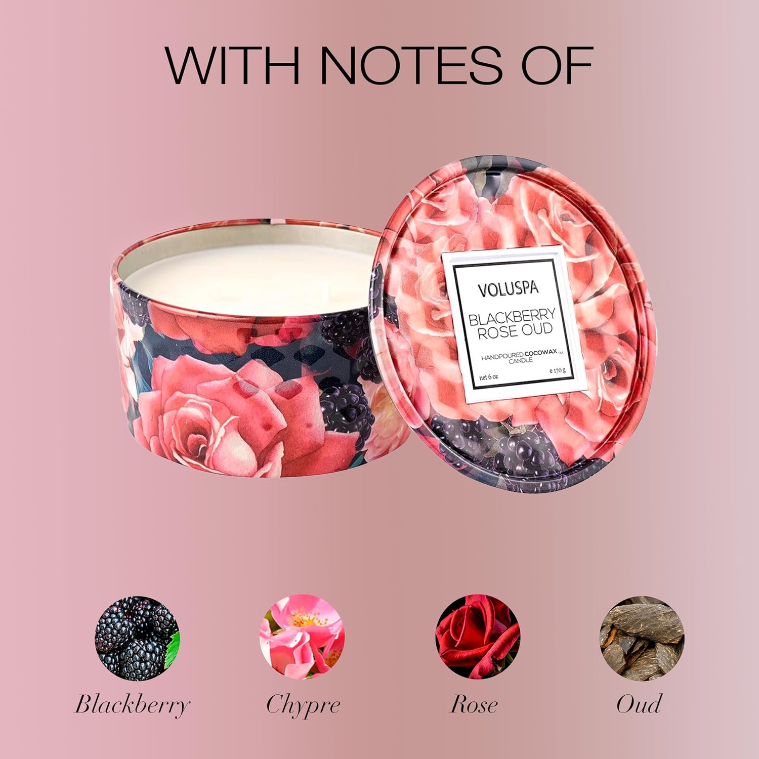 Voluspa BlackBerry Rose Oud, 2 Wick Tin Candle, 8 oz, 25 Hour Burn Time, Coconut Wax for Clean Burning, Handcrafted in The USA