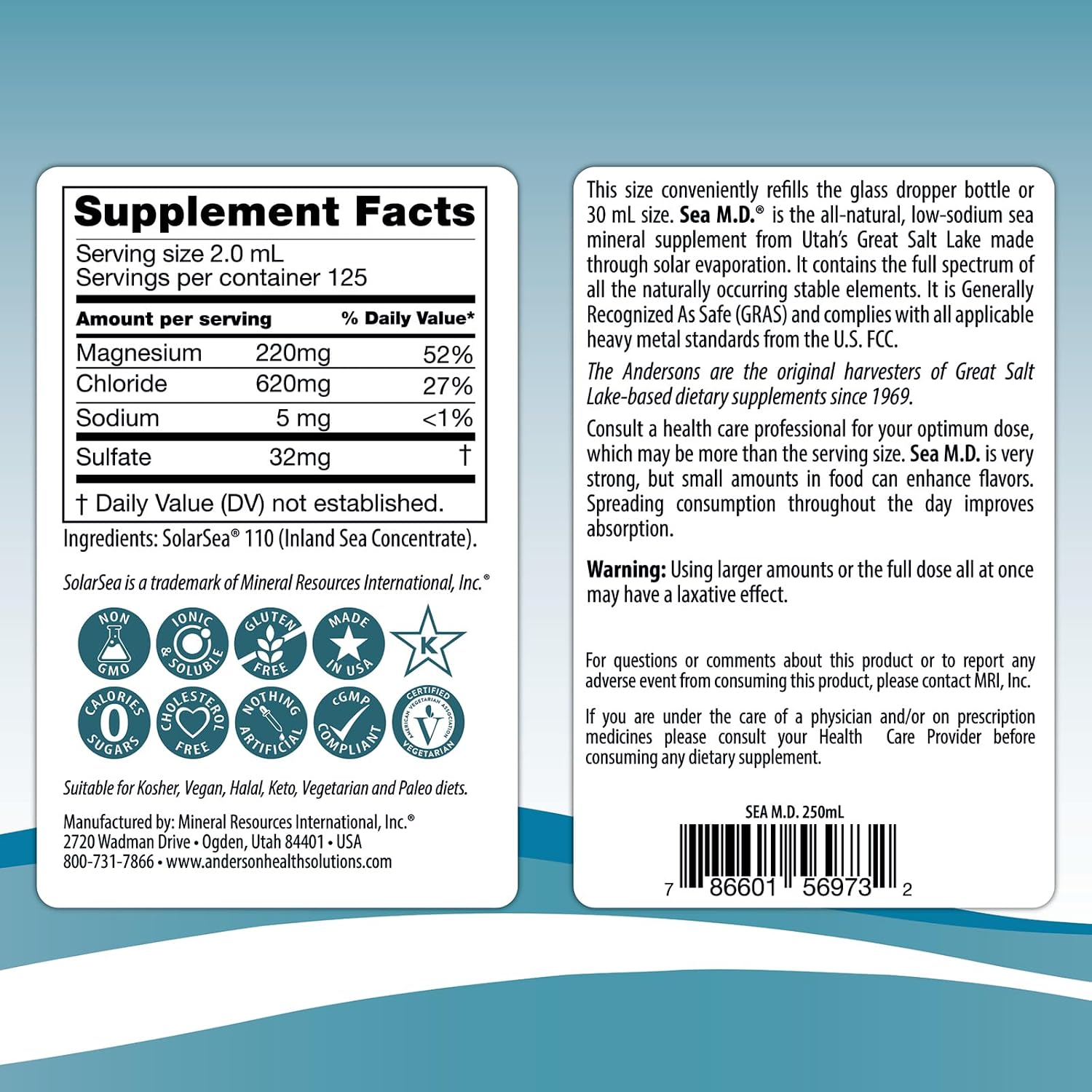Anderson Sea M.D. Concentrated Trace Mineral Drops, 79 Trace Minerals with Magnesium, Sodium and Chloride Electrolytes - Supports Hydration, Energy, Muscles and Bone Health - 4 Fl Oz, 60 Servings