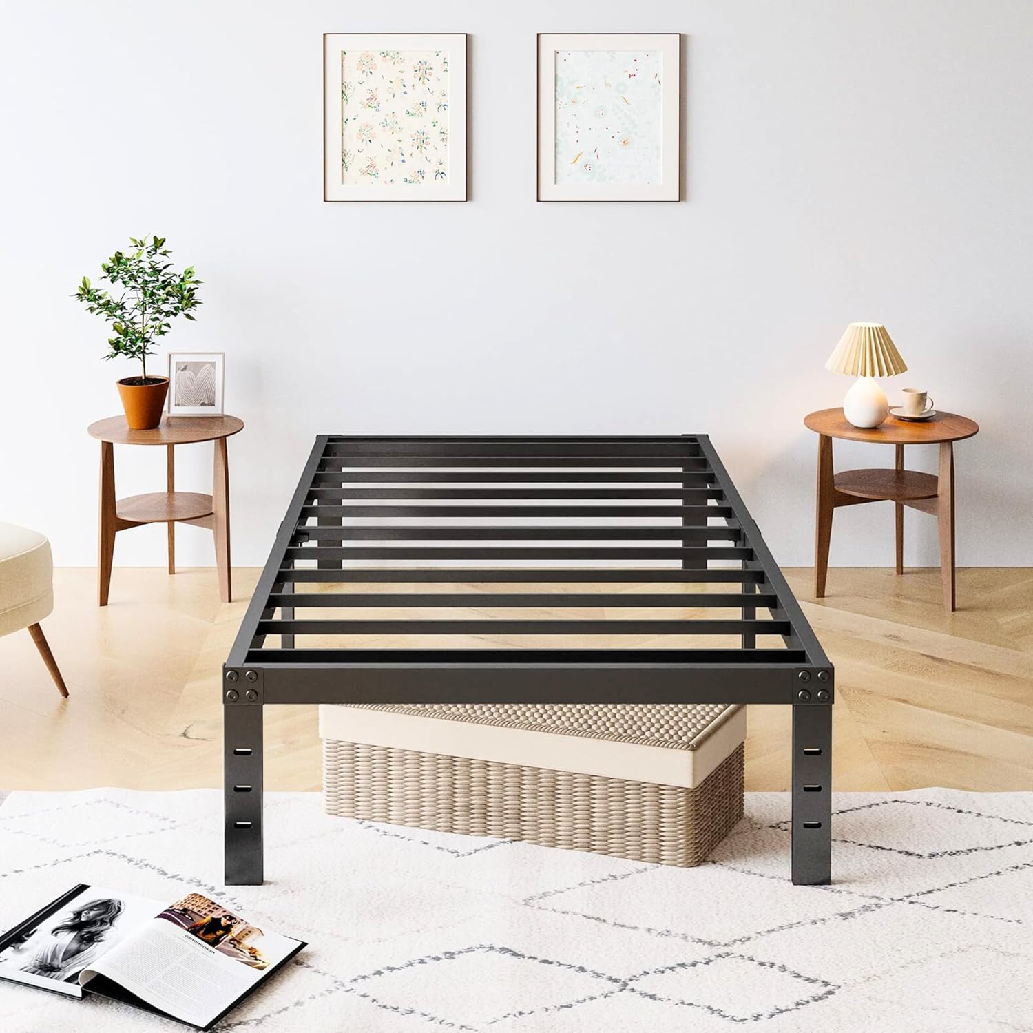 Heavy Duty Platform 14 Inch Full Bed Frame with Storage, Black