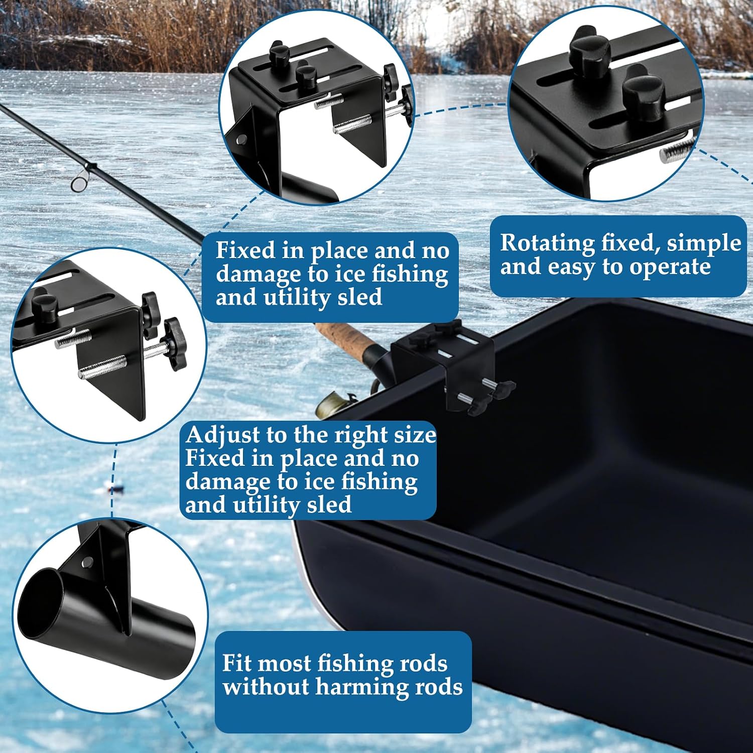 Metal Adjustable Ice Fishing Sled Rod Holder Upgraded 1.5-3.26inch Ice House Sled Rod Holder Heavy Duty Compatible Hands-Free Ice Fishing Pole