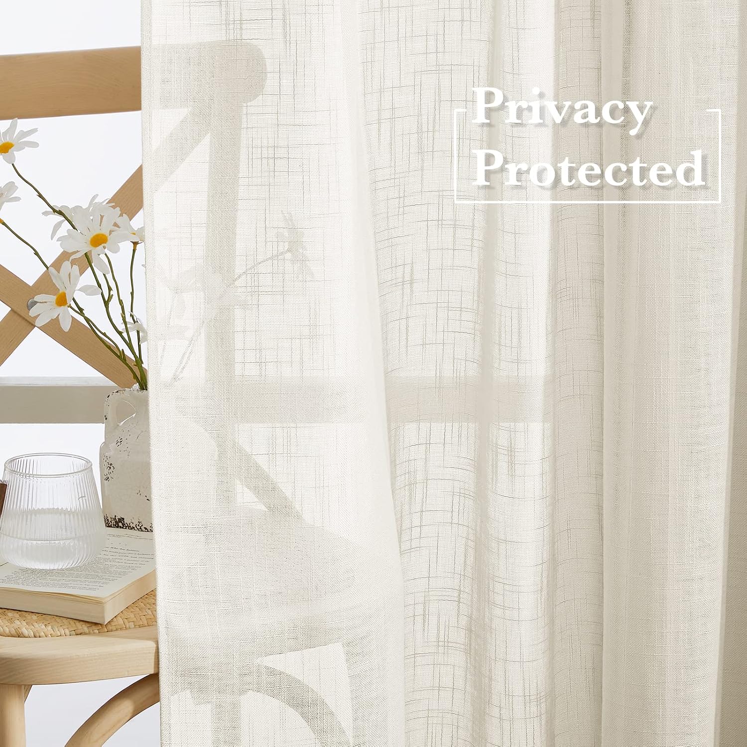 RYB HOME Linen Sheer Curtains - Linen Textured Semi Sheer Curtains for Kids Nursery Bedroom Living Room Window