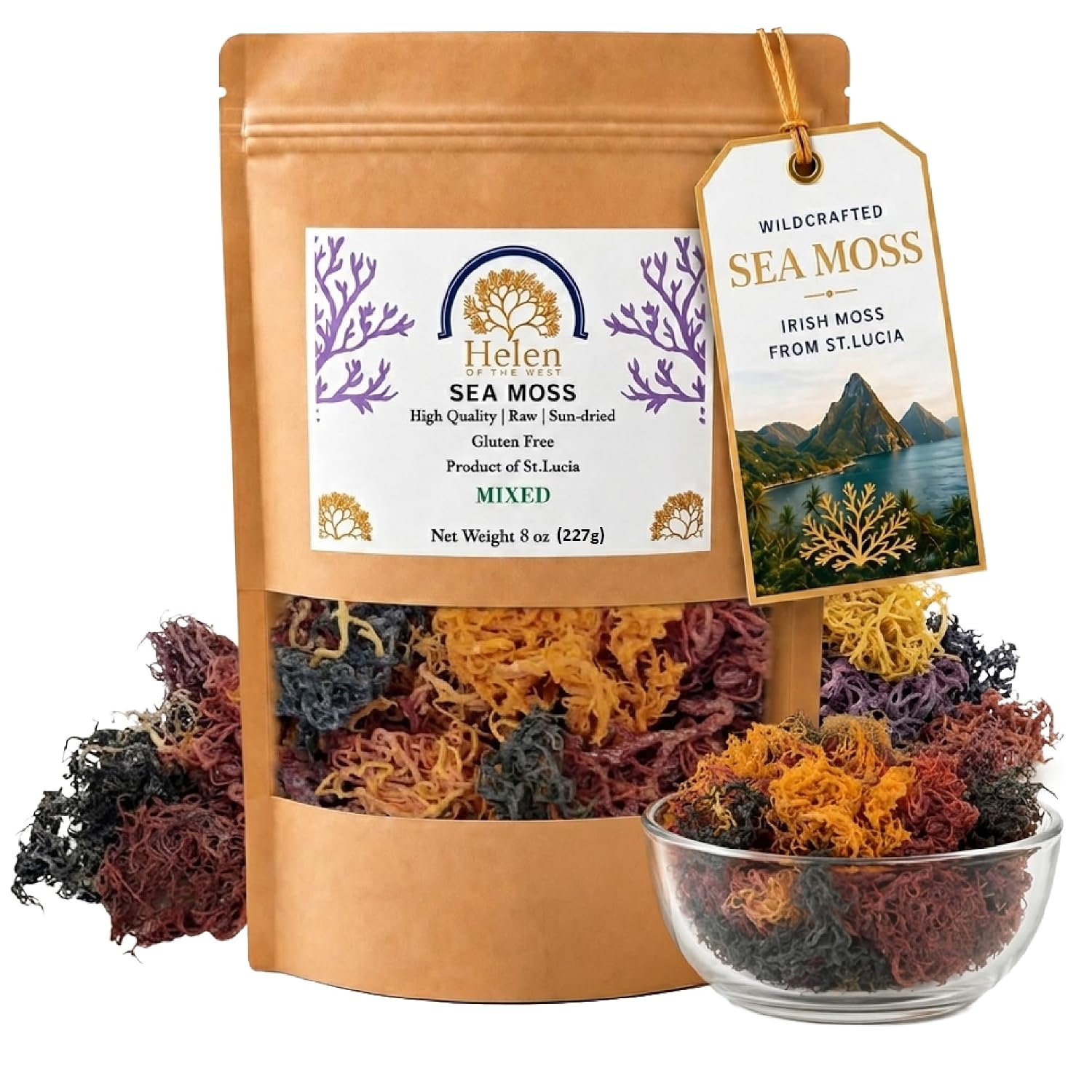 Wildcrafted Sea Moss | Gold - Purple - Green - Mixed | 100% Natural Irish Moss from St.Lucia | Mineral-Rich Superfood | 8oz Sun-Dried Moss | NO