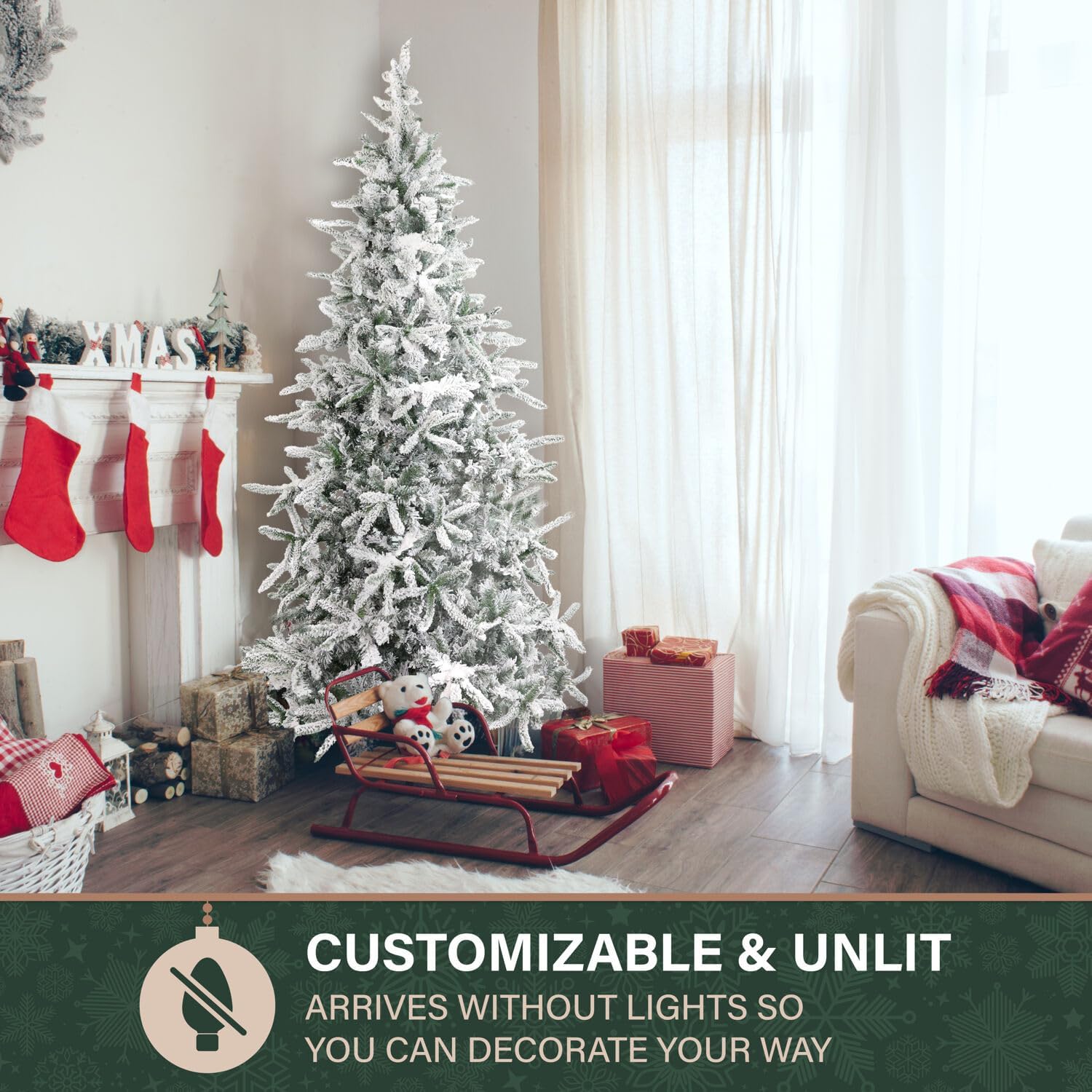 Fraser Hill Farm 7.5-Ft. Mountain Pine Flocked Artificial Christmas Tree with Stand, Unlit Foldable Fake Tree with Realistic Snowy Foliage for Home Decoration
