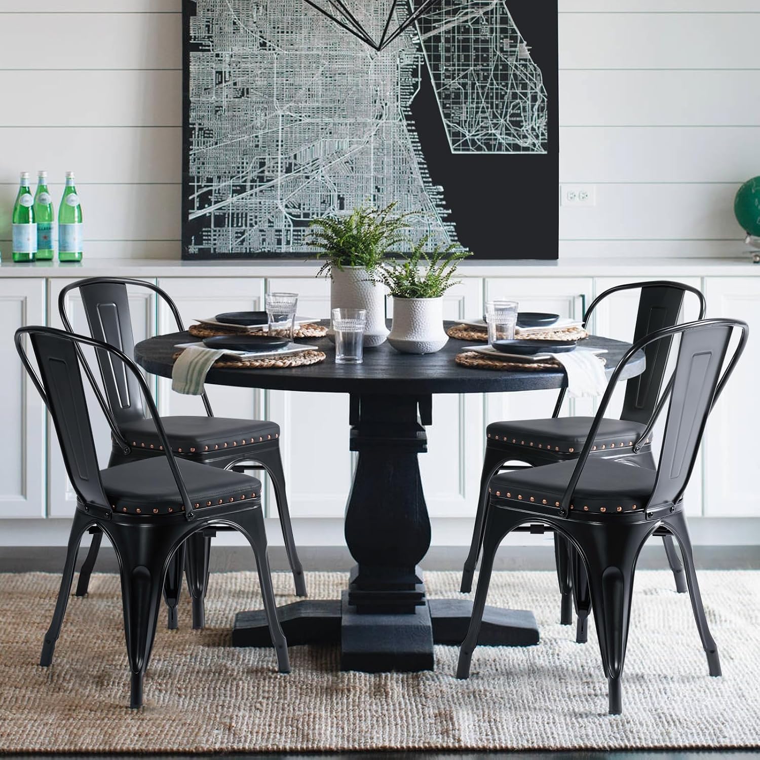 Yaheetech Metal Dining Chairs Set of 4 with Cushioned PU Leather Seat Black