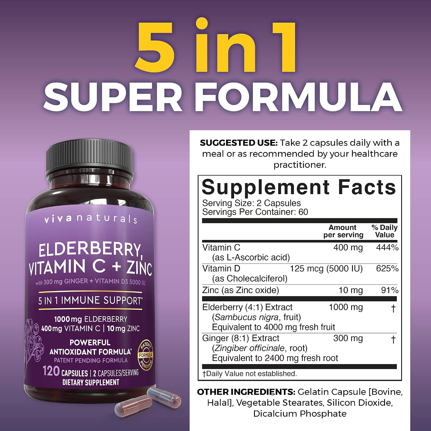 Viva Naturals Elderberry with Vitamin C and Zinc for Adults - 5 in 1 Sambucus Black Elderberry Capsules with Vitamin D3 5000 IU Immunity Supplement